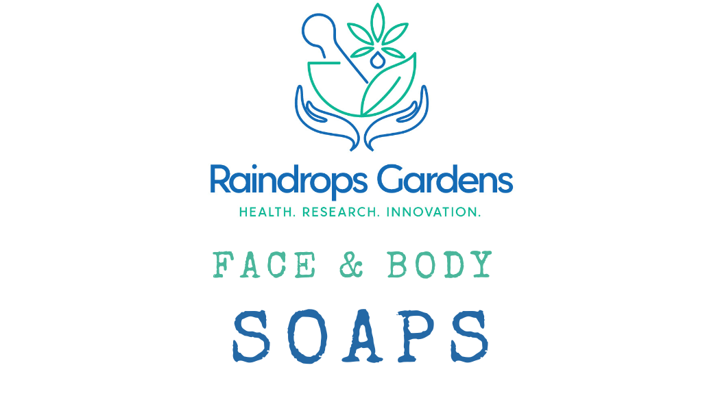 Raindrops Gardens Face & Body Soaps logo with hands, plant, and raindrop illustration
