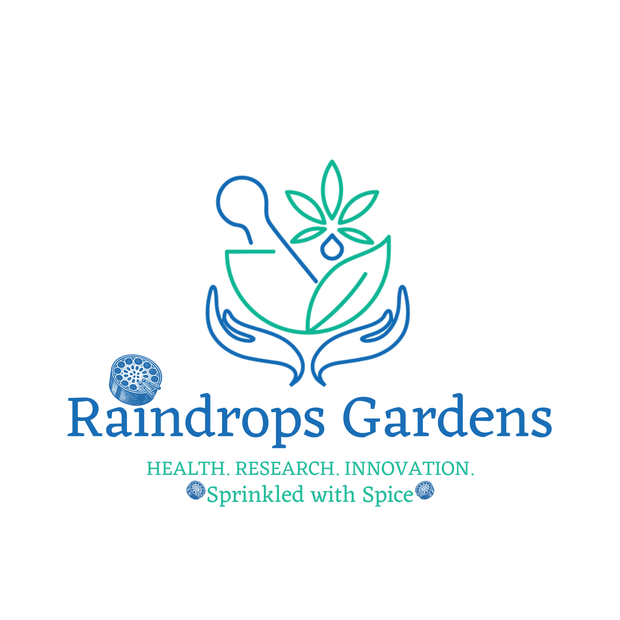 Raindrops Gardens logo featuring a stylized jasmine flower, cannabis leaves, and hands with the tagline “Health. Research. Innovation. Sprinkled with Spice.”