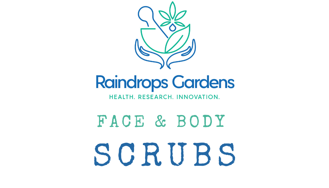 Raindrops Gardens Face & Body Scrubs logo with plant, raindrop, and hand illustrations