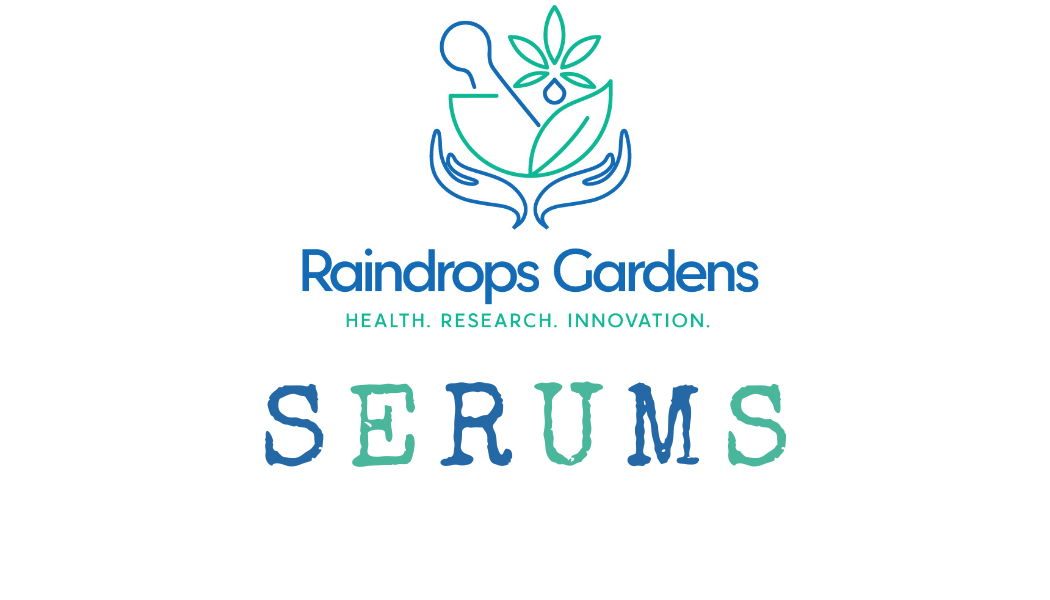 Raindrops Gardens Serums logo with health, research, innovation tagline