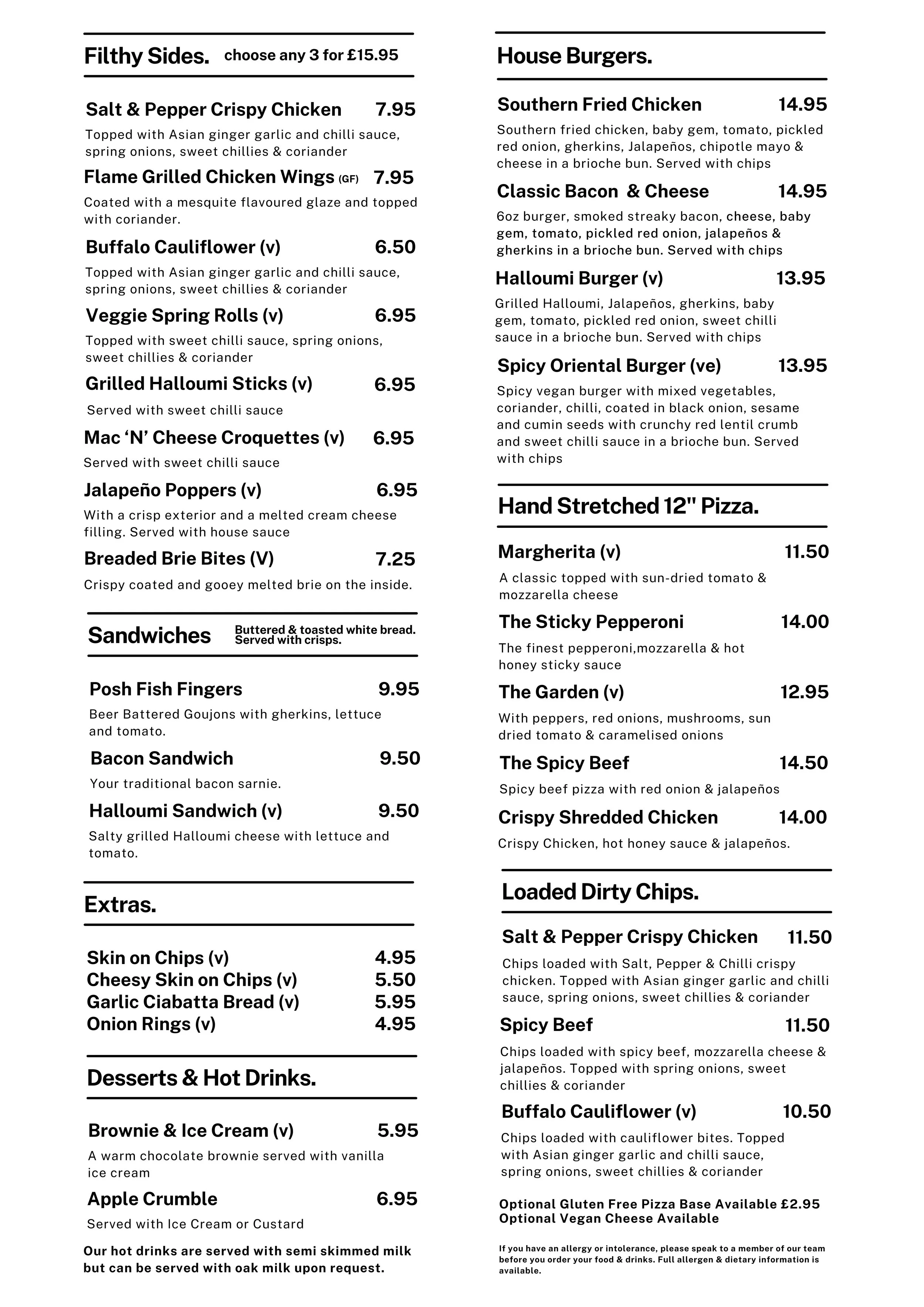 A Tunbridge Wells food menu listing various food and drink options, including sections for sides, house burgers, loaded chips, pizza, extras, desserts, and drinks, with prices and descriptions for each item.