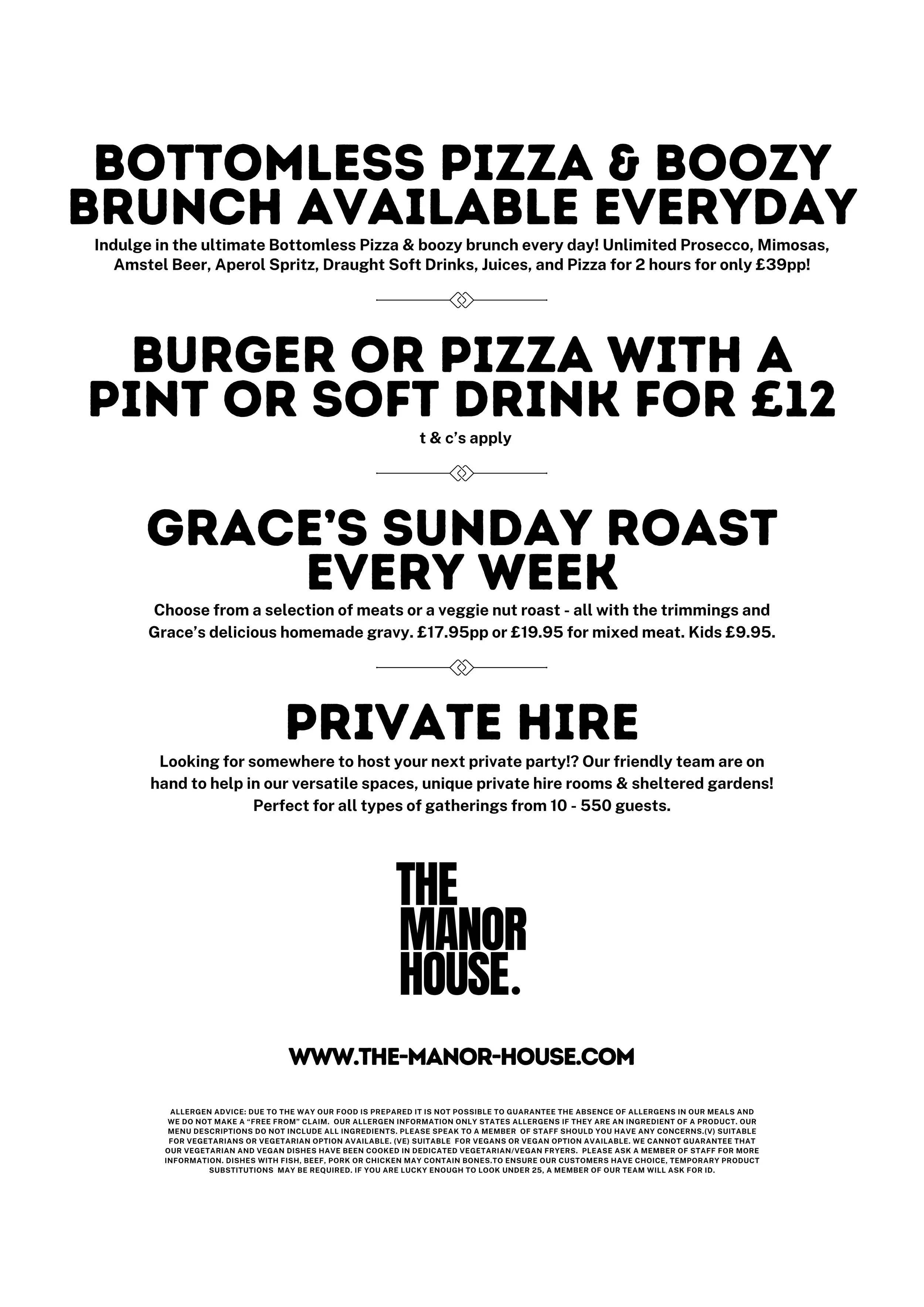 Looking for the best bottomless brunch in Tunbridge Wells? The Manor House offers an unbeatable bottomless pizza and prosecco brunch available every day. Enjoy unlimited Prosecco, Mimosas, Aperol Spritz, Amstel beer, soft drinks, juices, and freshly 
