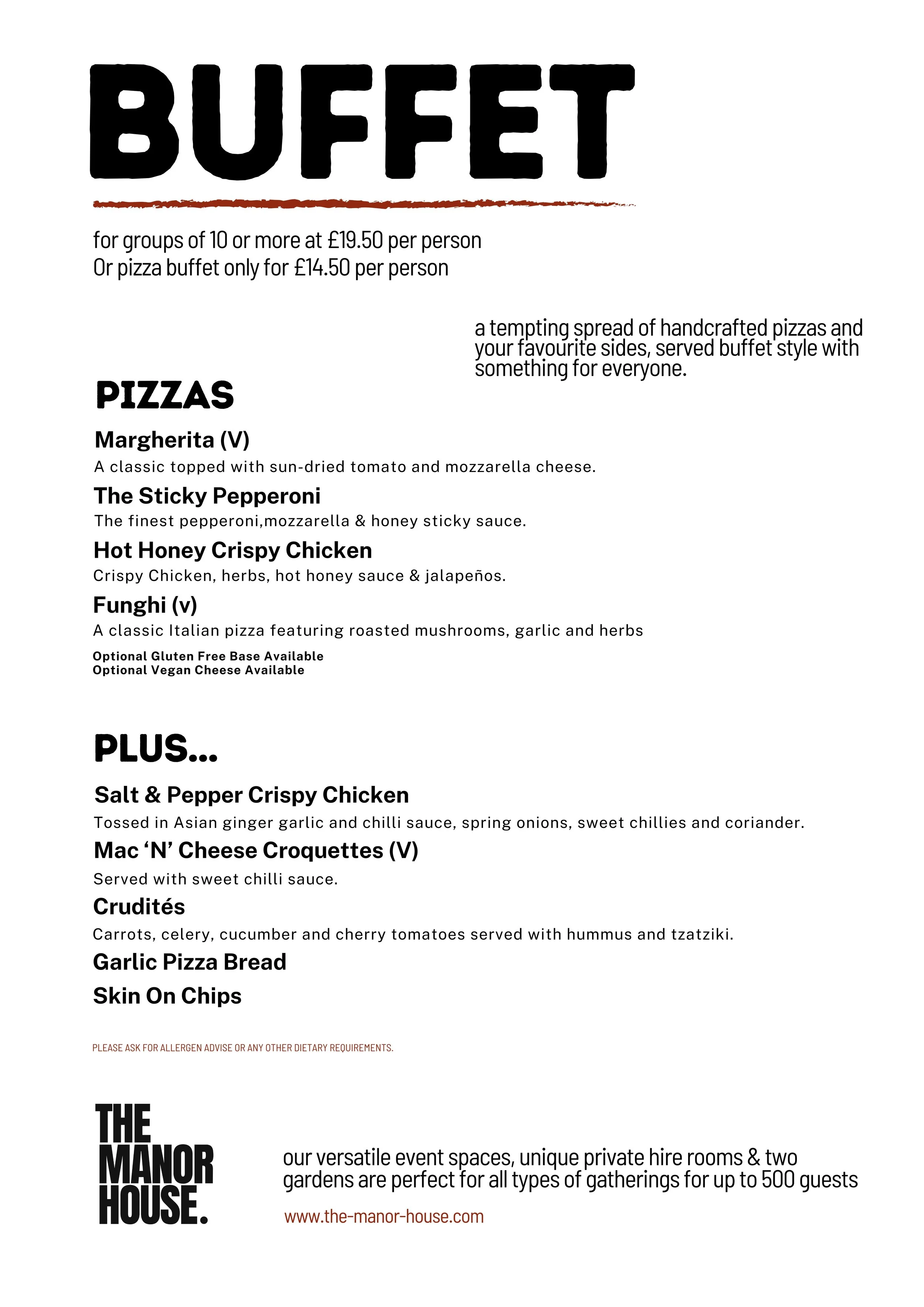 Looking for the best buffet in Tunbridge Wells for your next event or party? The Manor House offers a delicious and flexible buffet menu in Tunbridge Wells, perfect for birthdays, corporate events, and group celebrations.

Designed for groups of 10 o