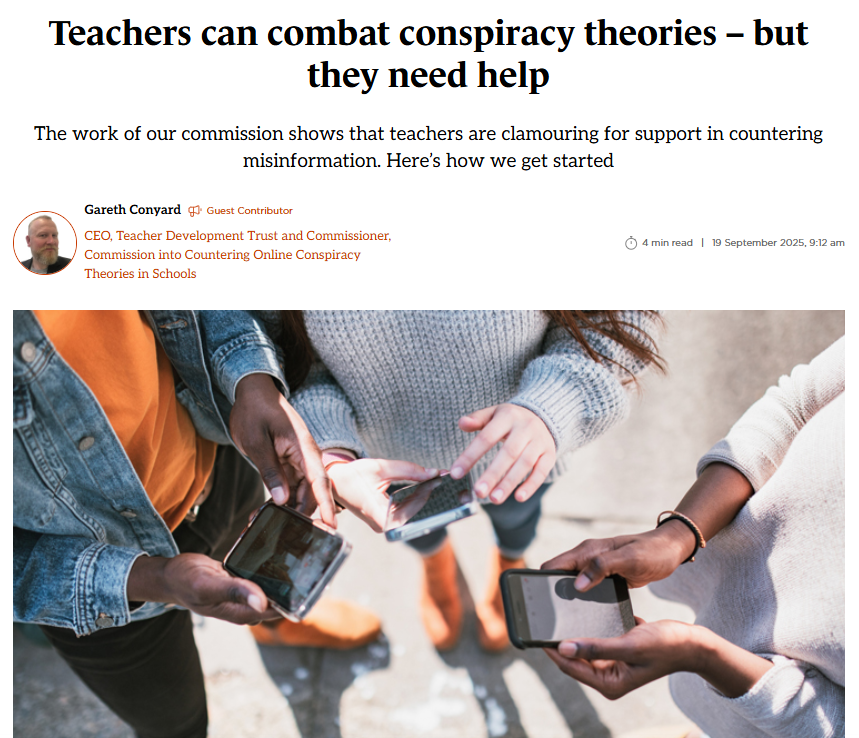 A screenshot of an article about conspiracy theories in schools.  In includes a photo of three people standing outdoors, each holding and looking at their smartphones.