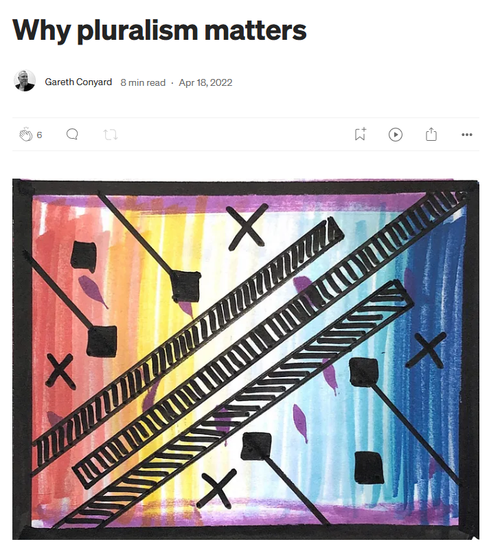 Colorful abstract artwork with rainbow stripes background, black crosses, squares, and diagonal lines, some with hatch patterns.