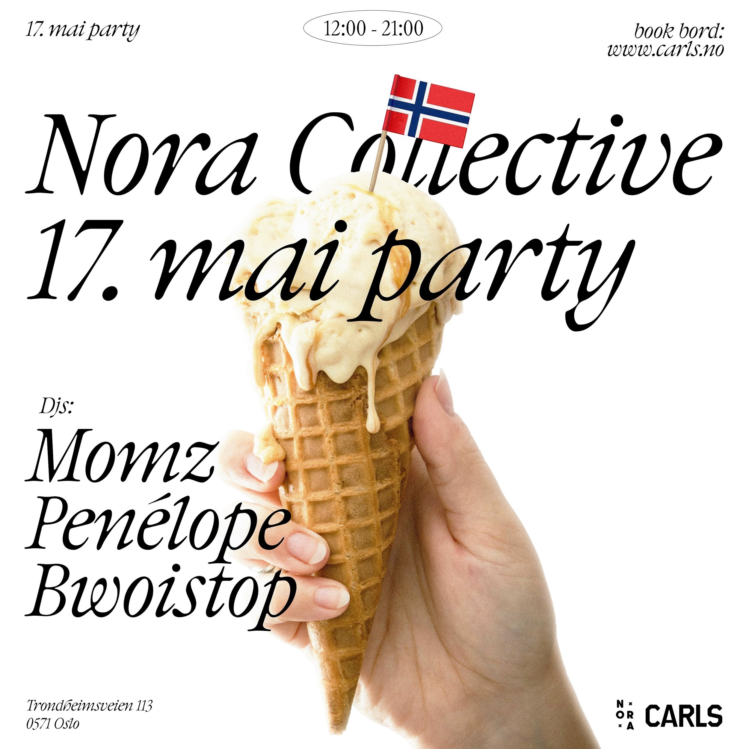 🇳🇴 17. MAI 🇳🇴I samarbeid med hele Norges Nora Collective inviterer vi til tidenes 17. mai-feiring p&aring; Carls. Fra kl 12.00 blir det fest med god mat og drikke akkompagnert med noen av landets aller beste DJs.

Det vil v&aelig;re drop-in p&ari