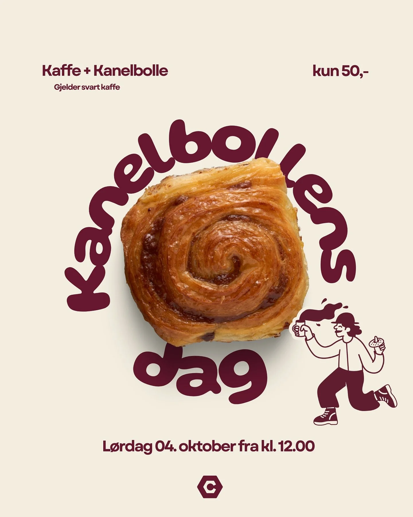 Kanelboller er vel noe av det beste som finnes? Det synes i hvert fall vi! Derfor feirer vi kanelbollens dag med en god deal til dere! Stikk innom p&aring; l&oslash;rdag fra kl. 12.00 og f&aring; en kanelbolle + svart kaffe for kun 50,-. Gjelder s&ar