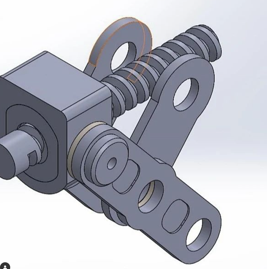 A detailed CAD drawing of a mechanical linkage with interconnected gears, levers, and rods.