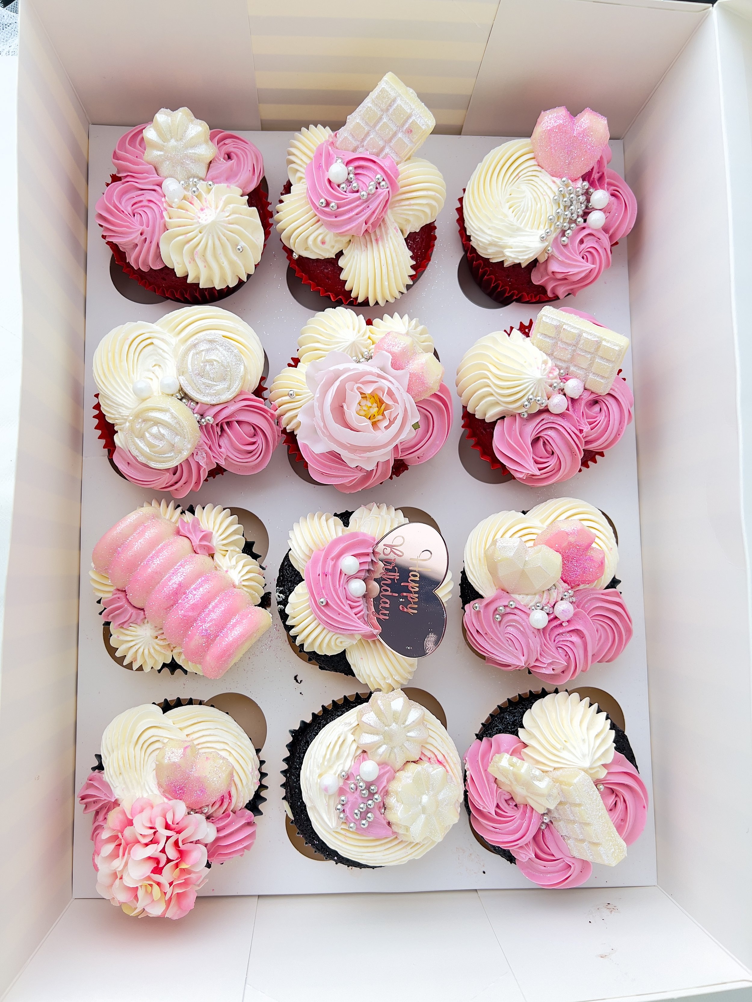 Pink and White Cupcakes (Box of 12) by Sensational Cakes and Desserts.