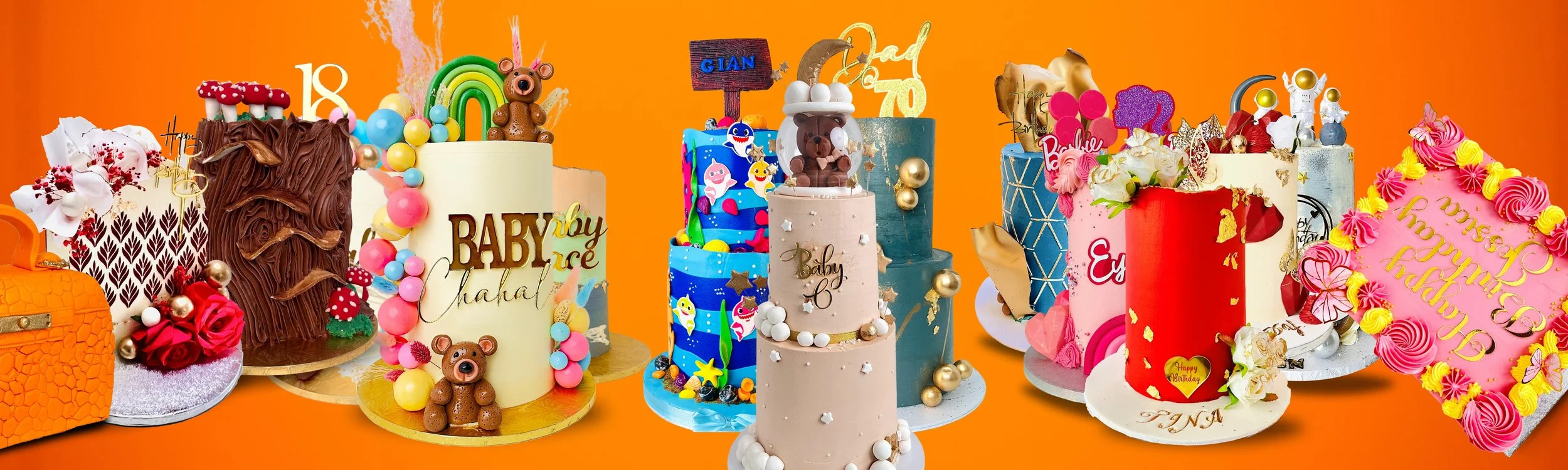 A variety of colorful birthday cakes with different decorations on an orange background by Sensational Cake and Desserts..