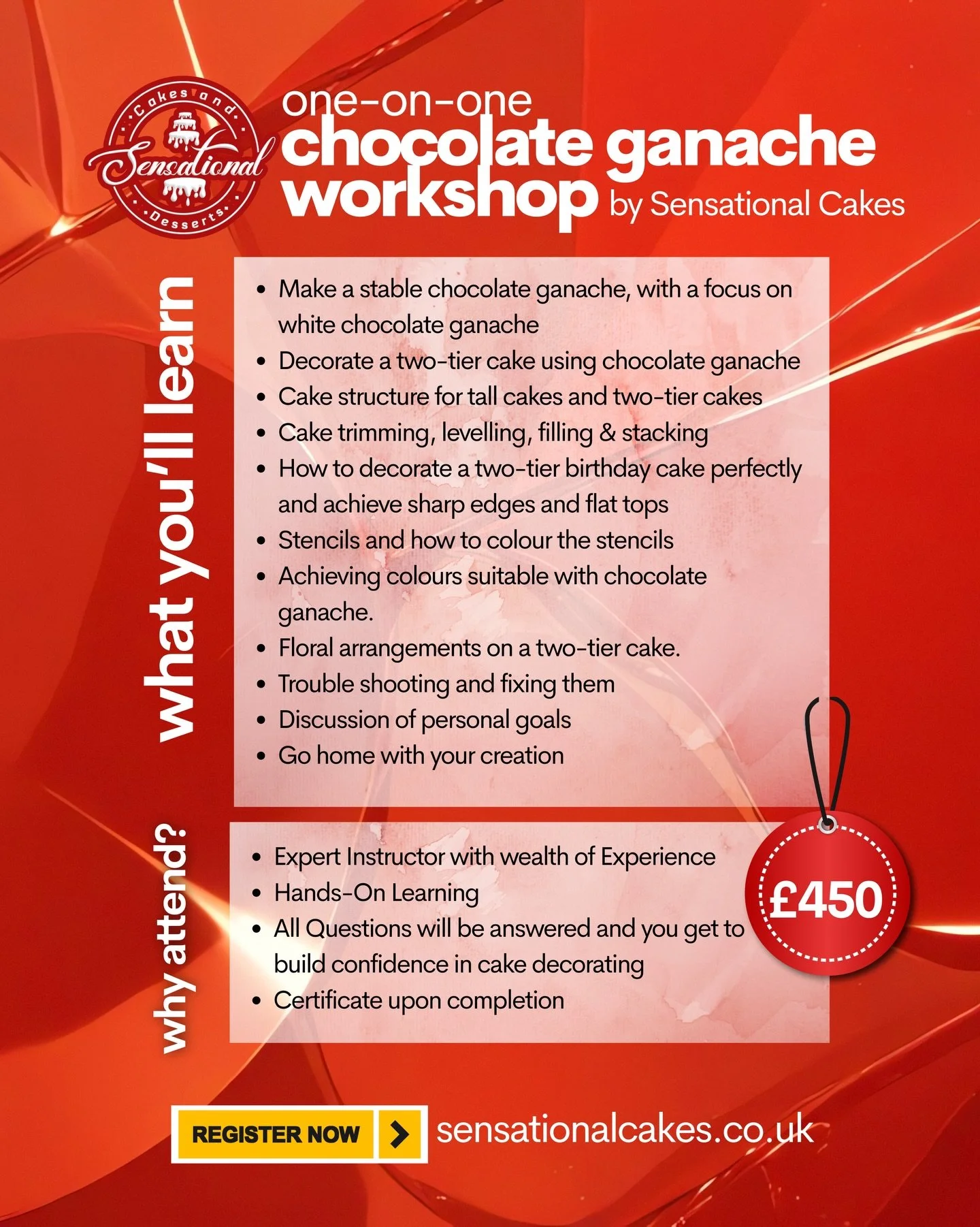 ONE-ON-ONE CHOCOLATE GANACHE WORKSHOP
After teaching amazing students and receiving incredible feedback, I&rsquo;m opening up limited one-on-one training sessions 💕
This hands-on workshop is perfect if you want to master ganache, sharp edges, tall &