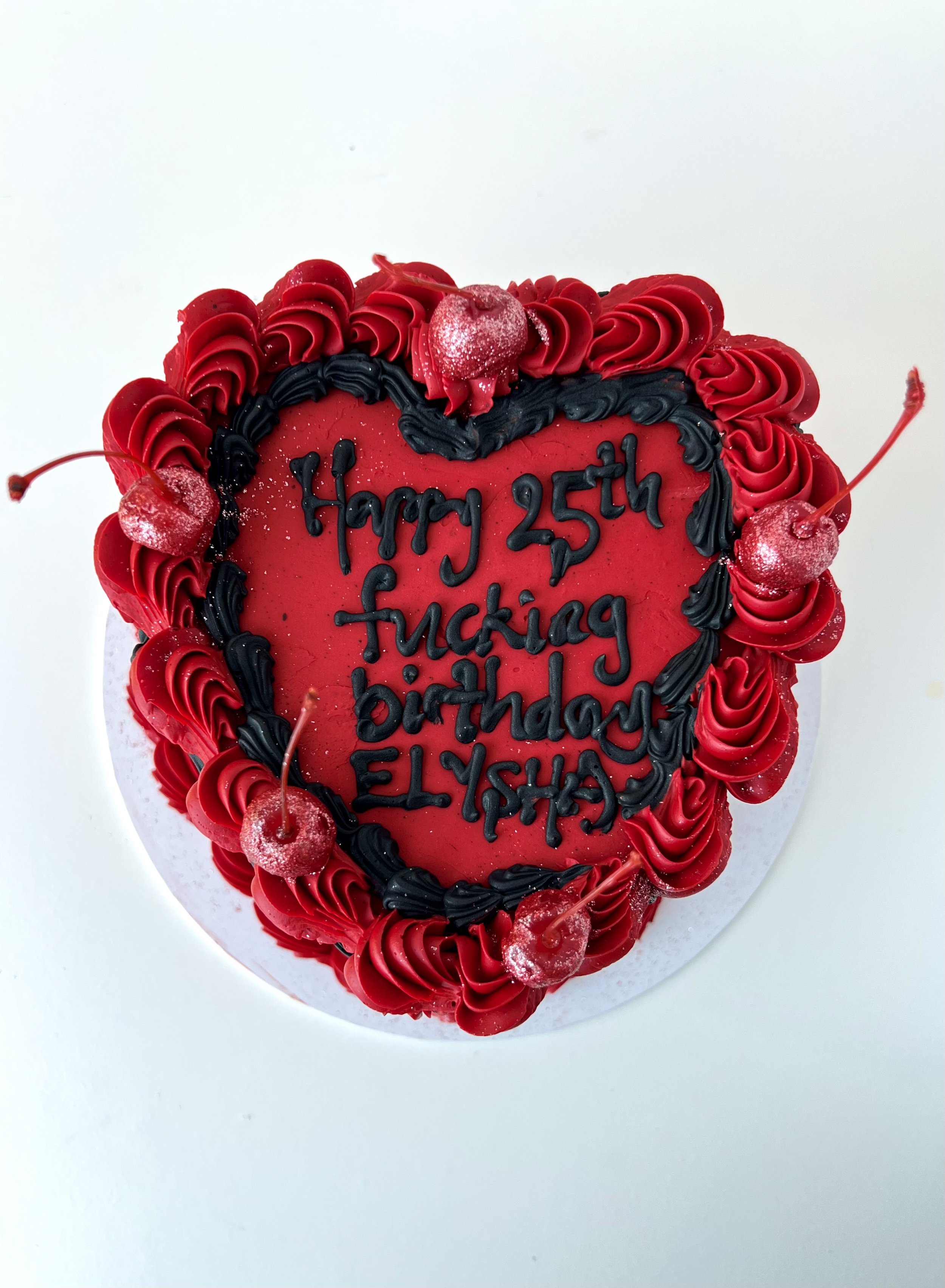 Top view of the Red and Black Vintage Heart Cake by Sensational Cakes and Desserts.