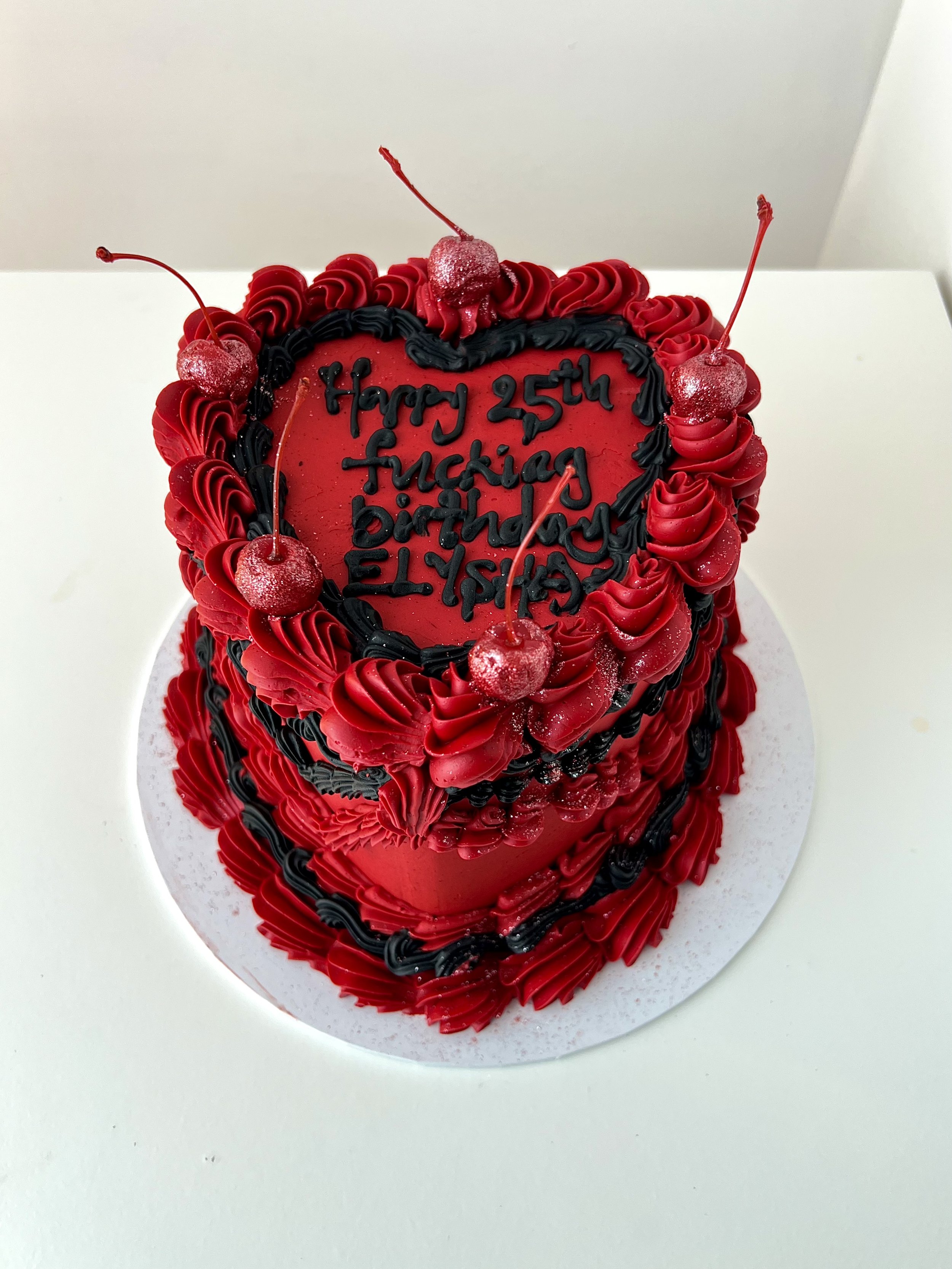 Top view of the Red and Black Vintage Heart Cake by Sensational Cakes and Desserts.