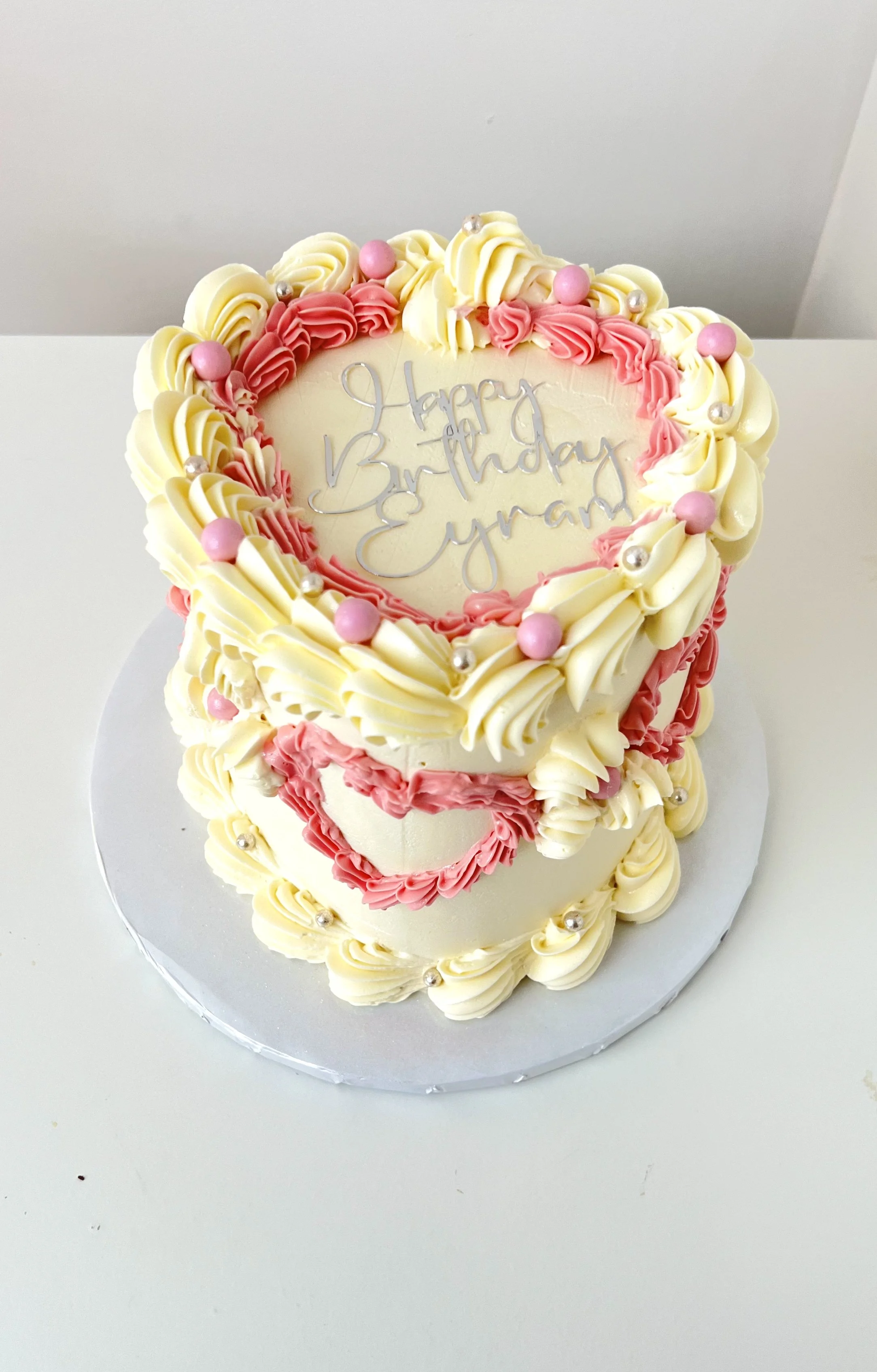 Top view of the Vintage Heart Cake With Name Charm by Sensational Cakes and Desserts.