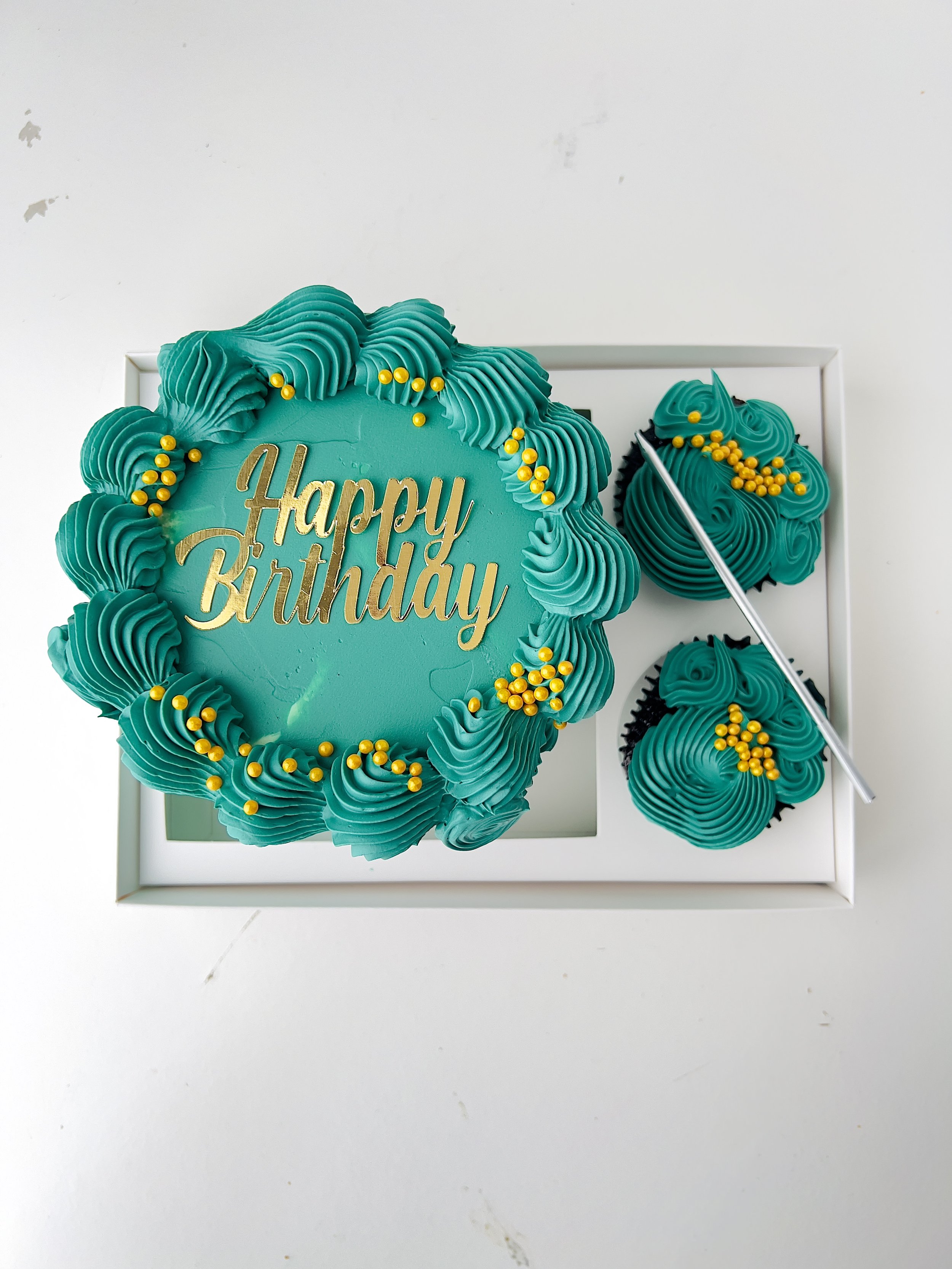 Top view of the Emerald Green Bento Cake & Cupcake Set by Sensational Cake and Desserts