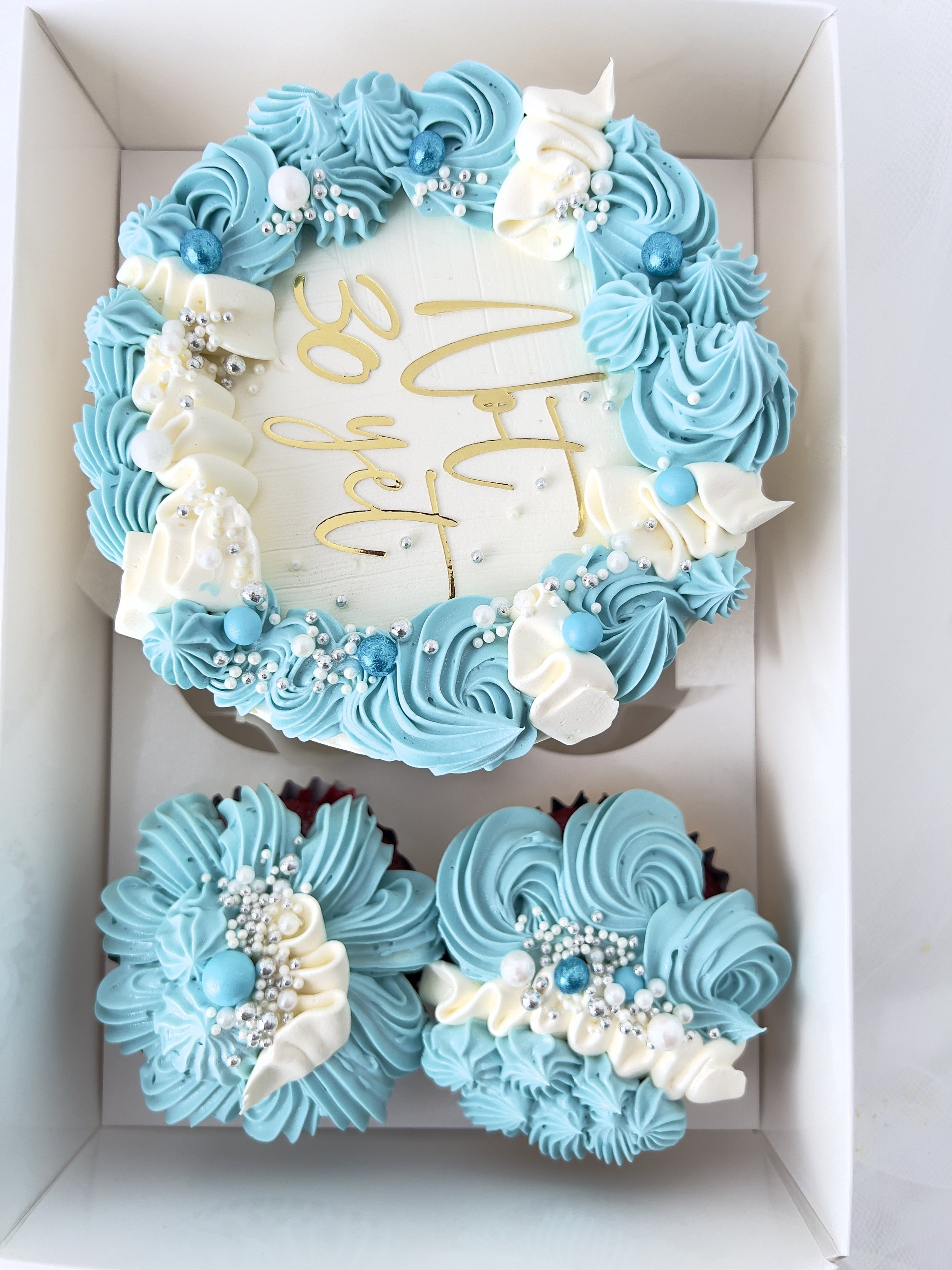 Baby Blue Bento Cake and Two Cupcake Box by Sensational Cakes and Desserts.