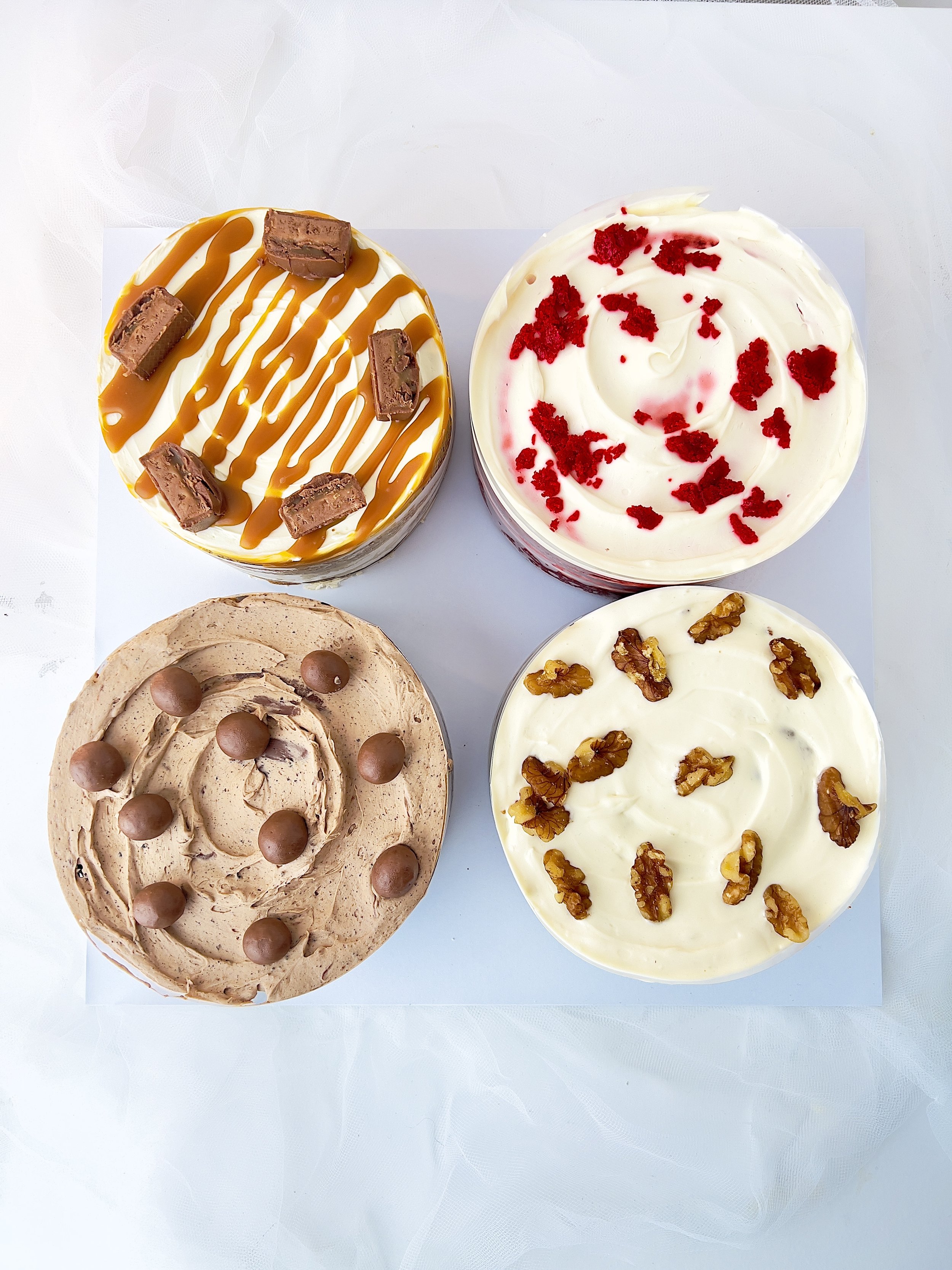 Mini Cake Platter. Flavours include: salted caramel cake, red velvet cake with cheese frosting, chocolate cake with chocolate buttercream, and carrot cake with cheese frosting.