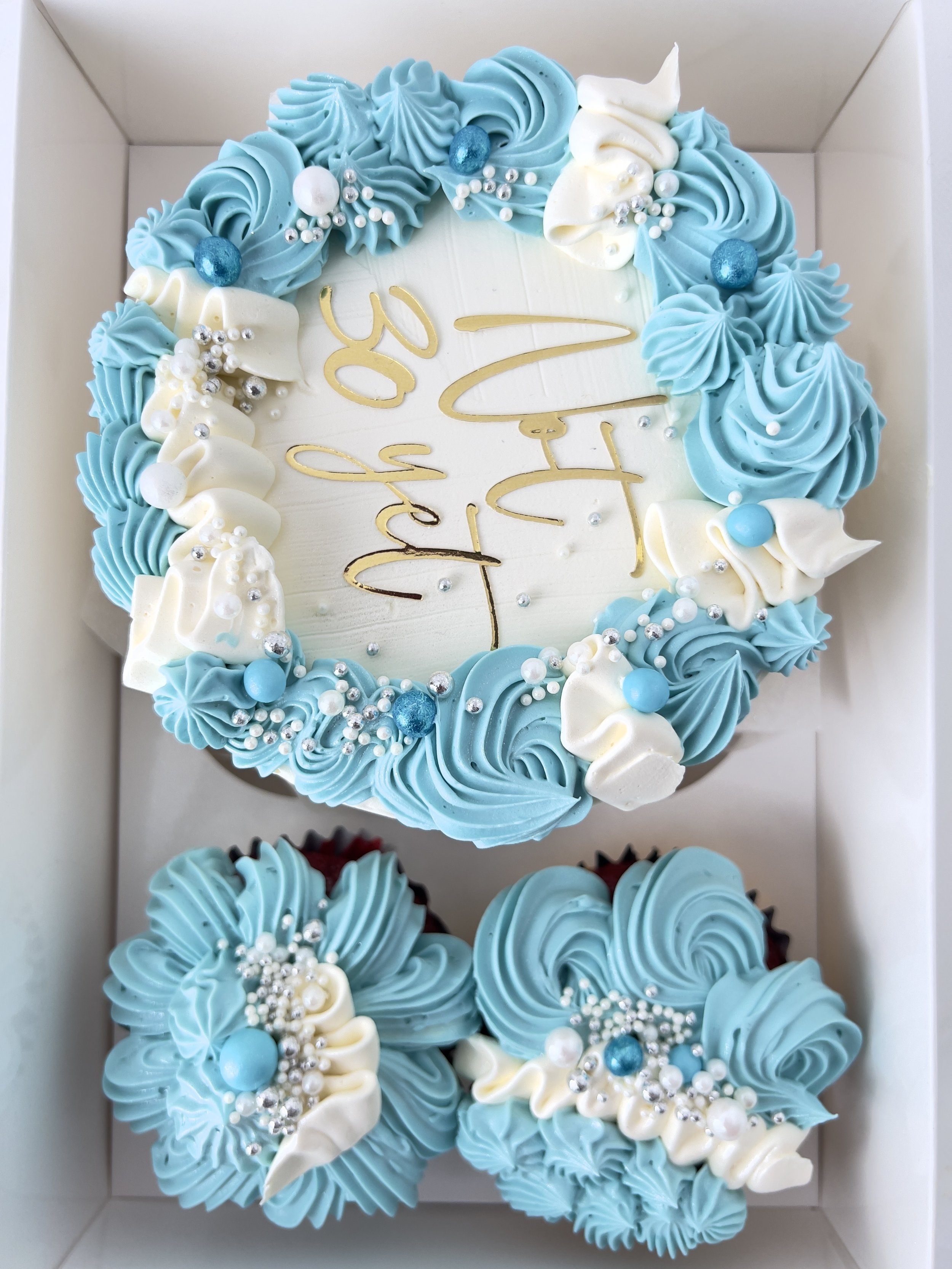 Baby Blue Bento Cake and Two Cupcake Box by Sensational Cakes and Desserts.