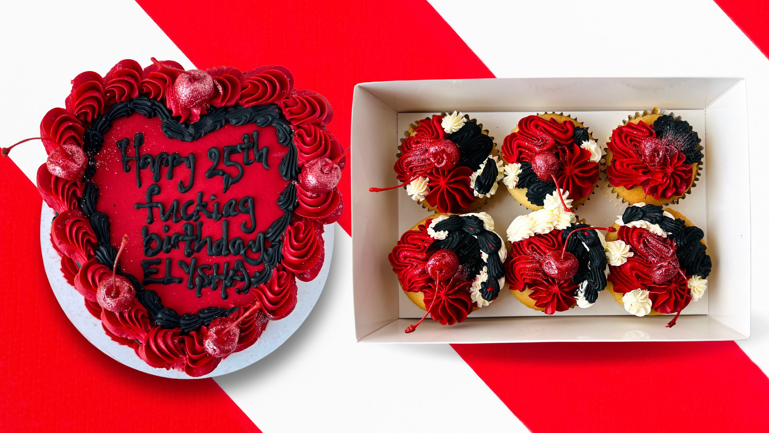 Red and Black Cupcake Vintage Heart Cake on the left with a box of 6 matching cupcakes on the right by Sensational Cakes and Desserts.