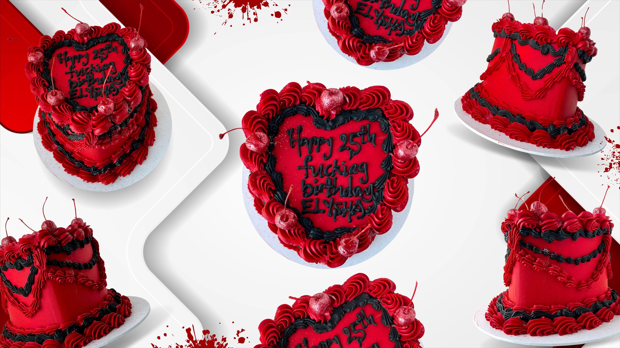 Red vintage heart cake by Sensational Cakes and Desserts showing different angles and sides of the cake.