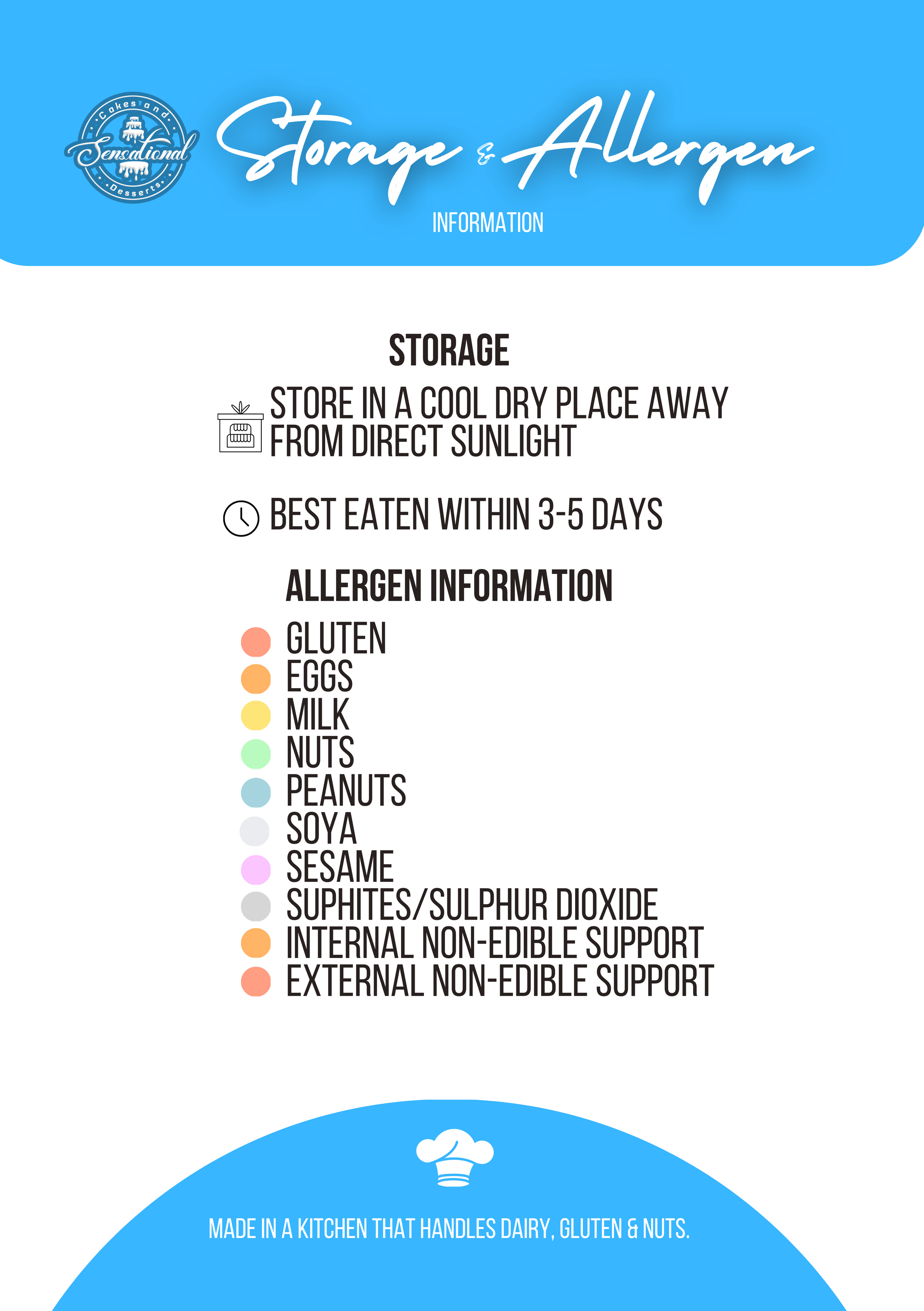 Allergen and storage information by Sensational Cakes and Desserts