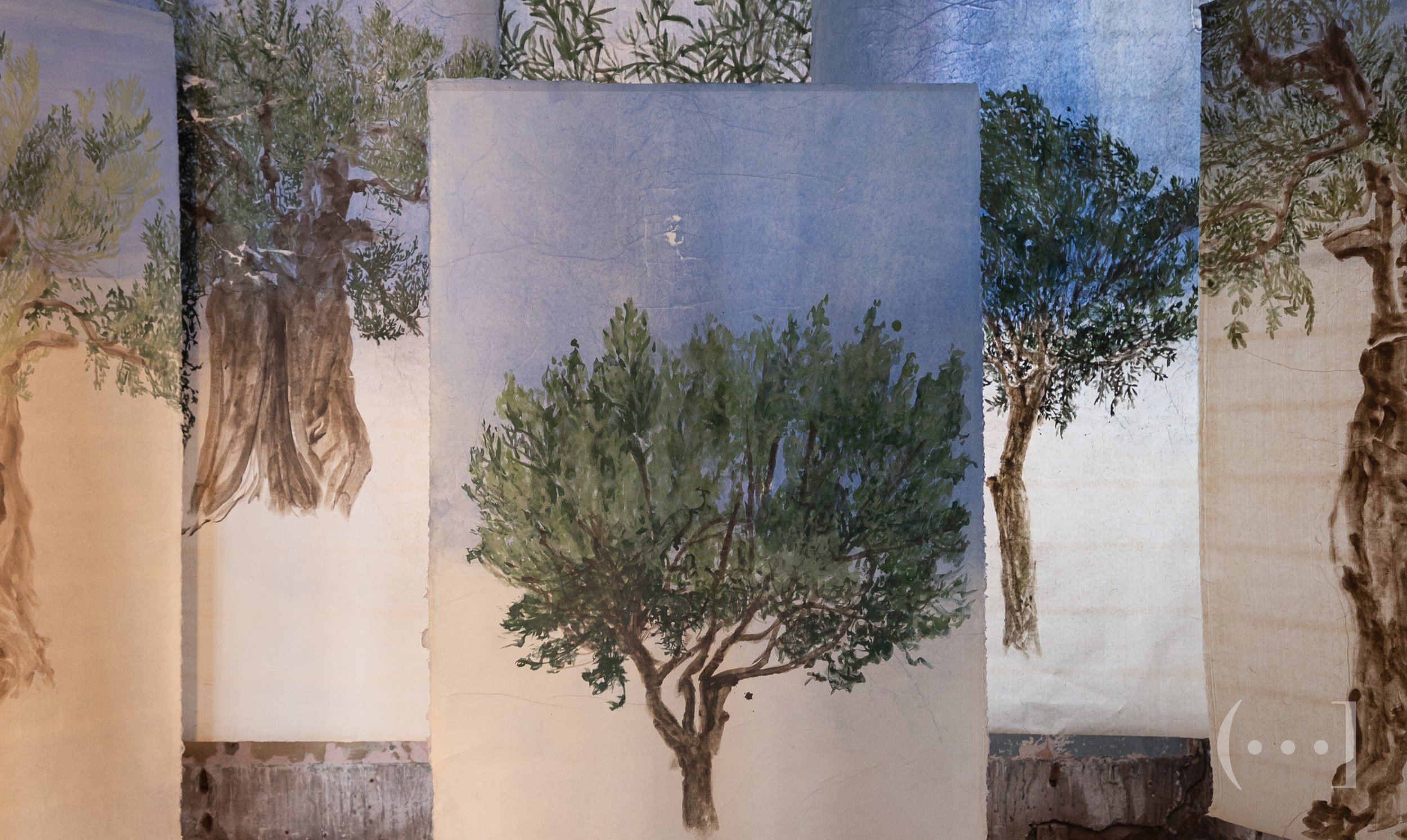 Anne McKenzie's 'Secolare' installation of ten banners, exhibited at The Bargehouse for London Craft Week 2023.