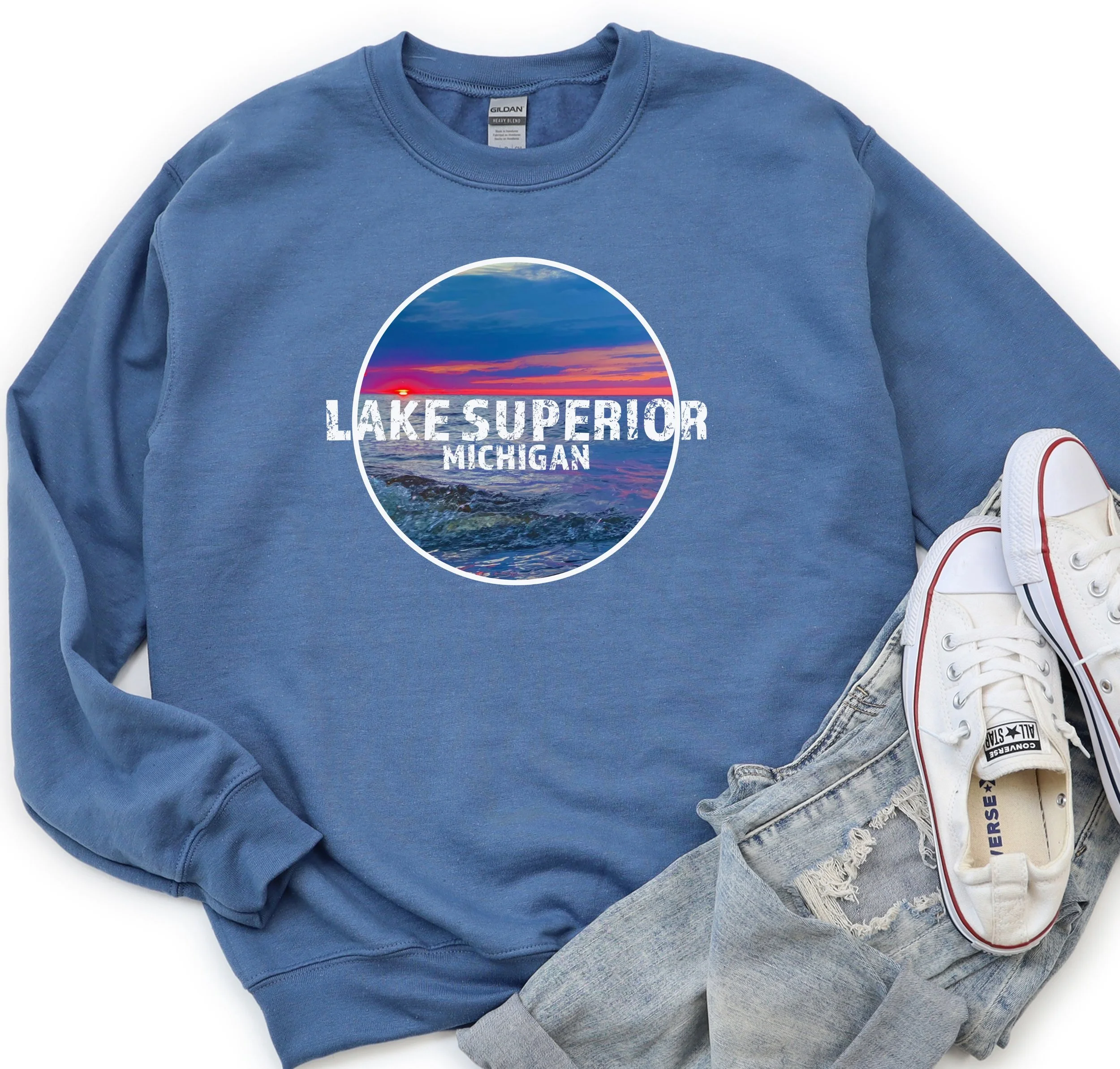 Lake Superior Michigan Sweatshirt Blue Flatlay.jpeg