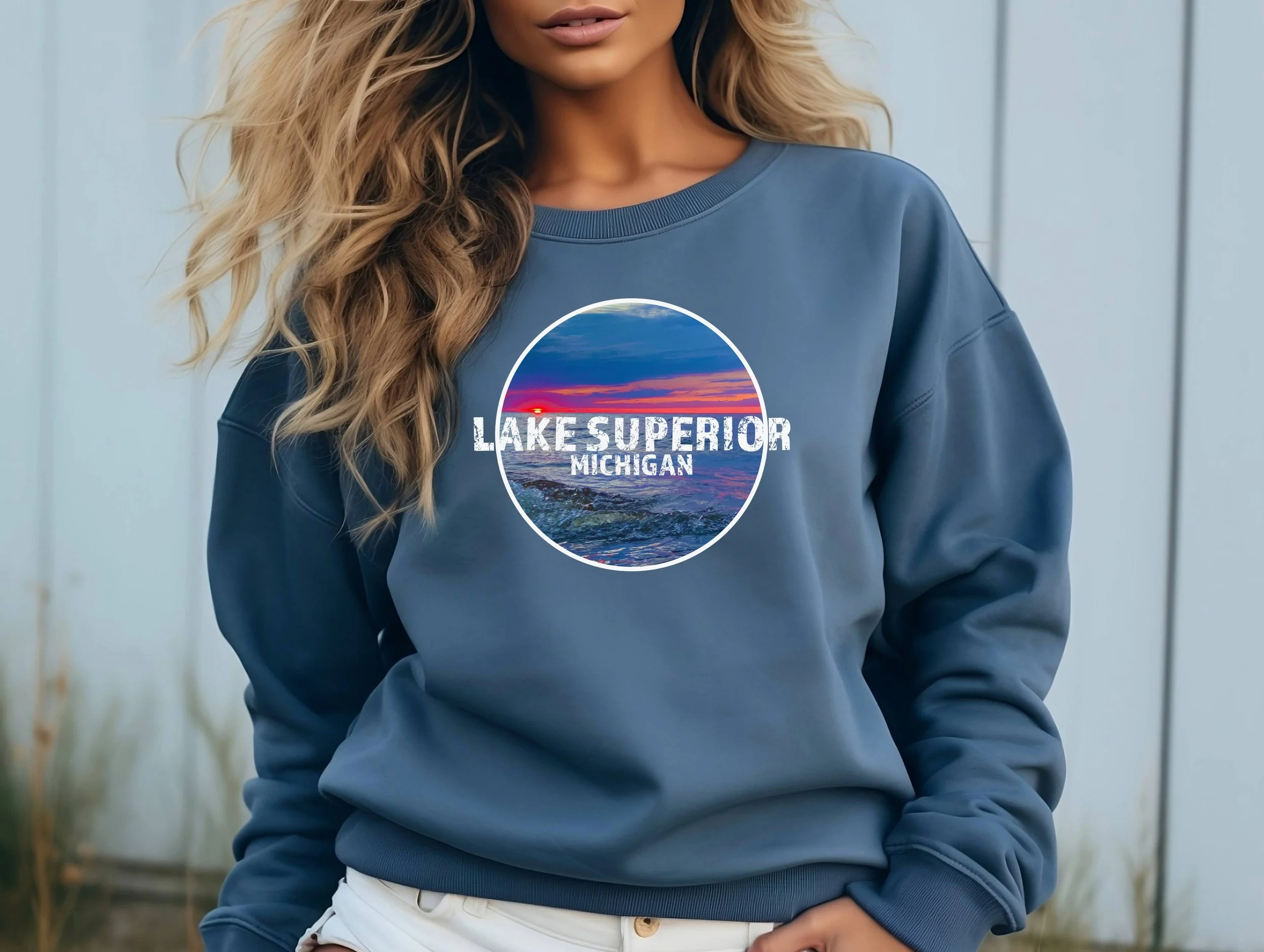 Lake Superior Michigan Sweatshirt Blue Female Model.jpeg