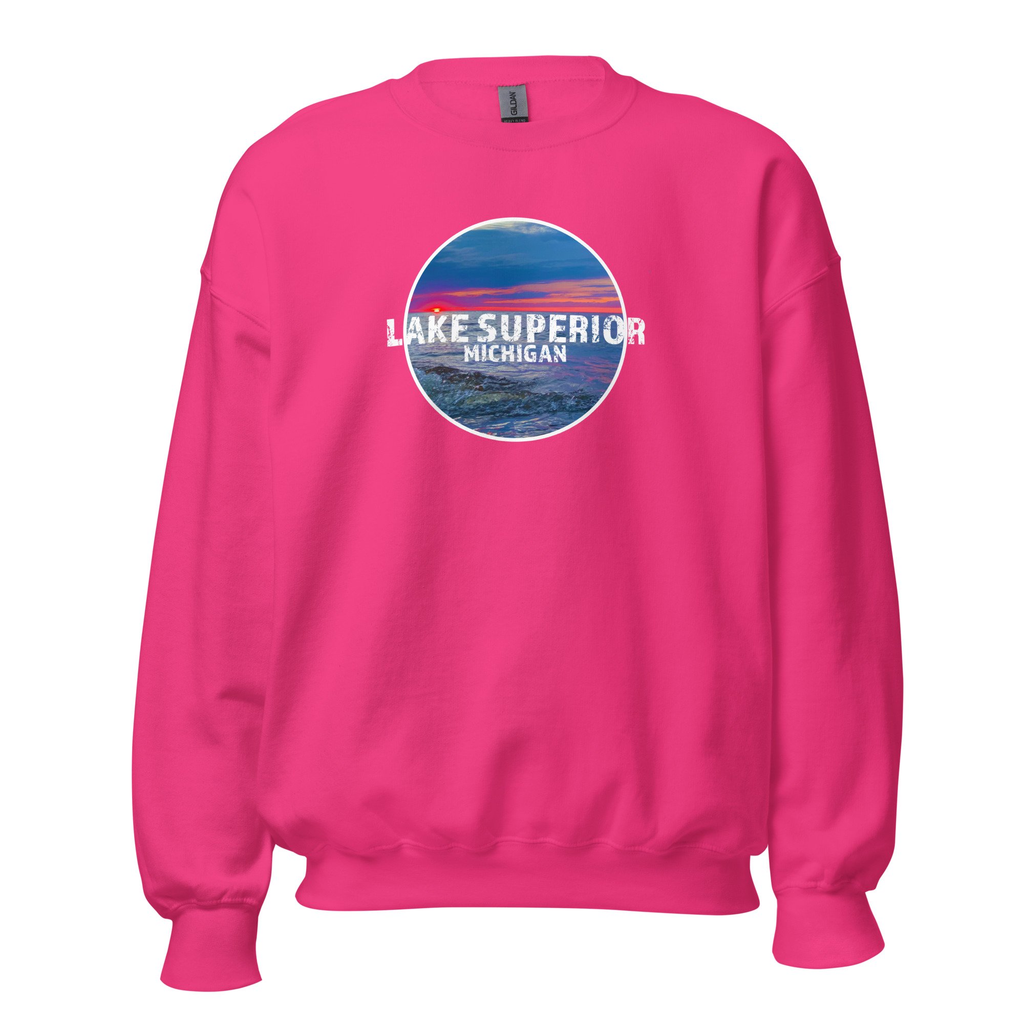 Lake Superior Michigan Sweatshirt - Hot Pink ghost.jpg