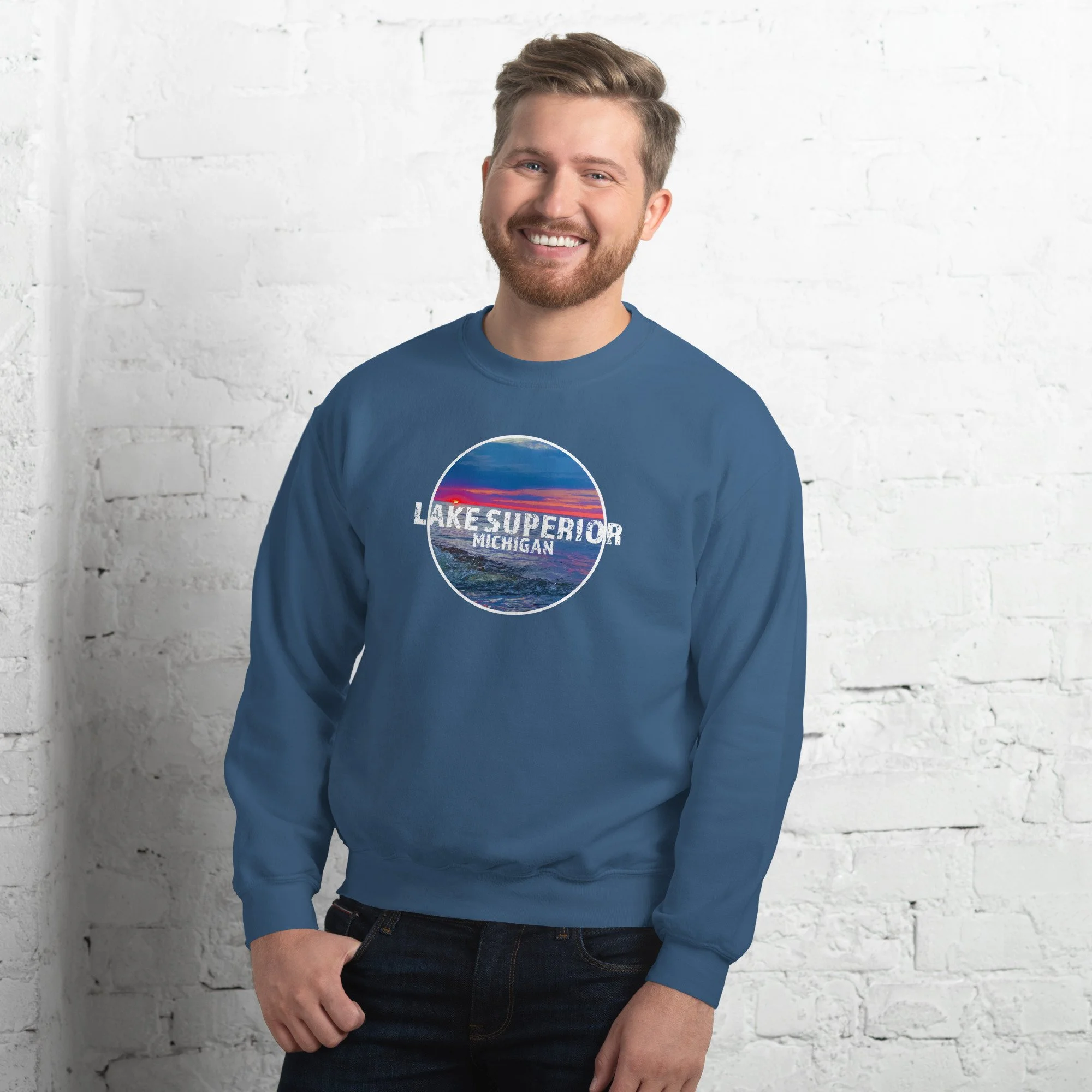 Lake Superior Michigan Sweatshirt Blue Male Model.jpg