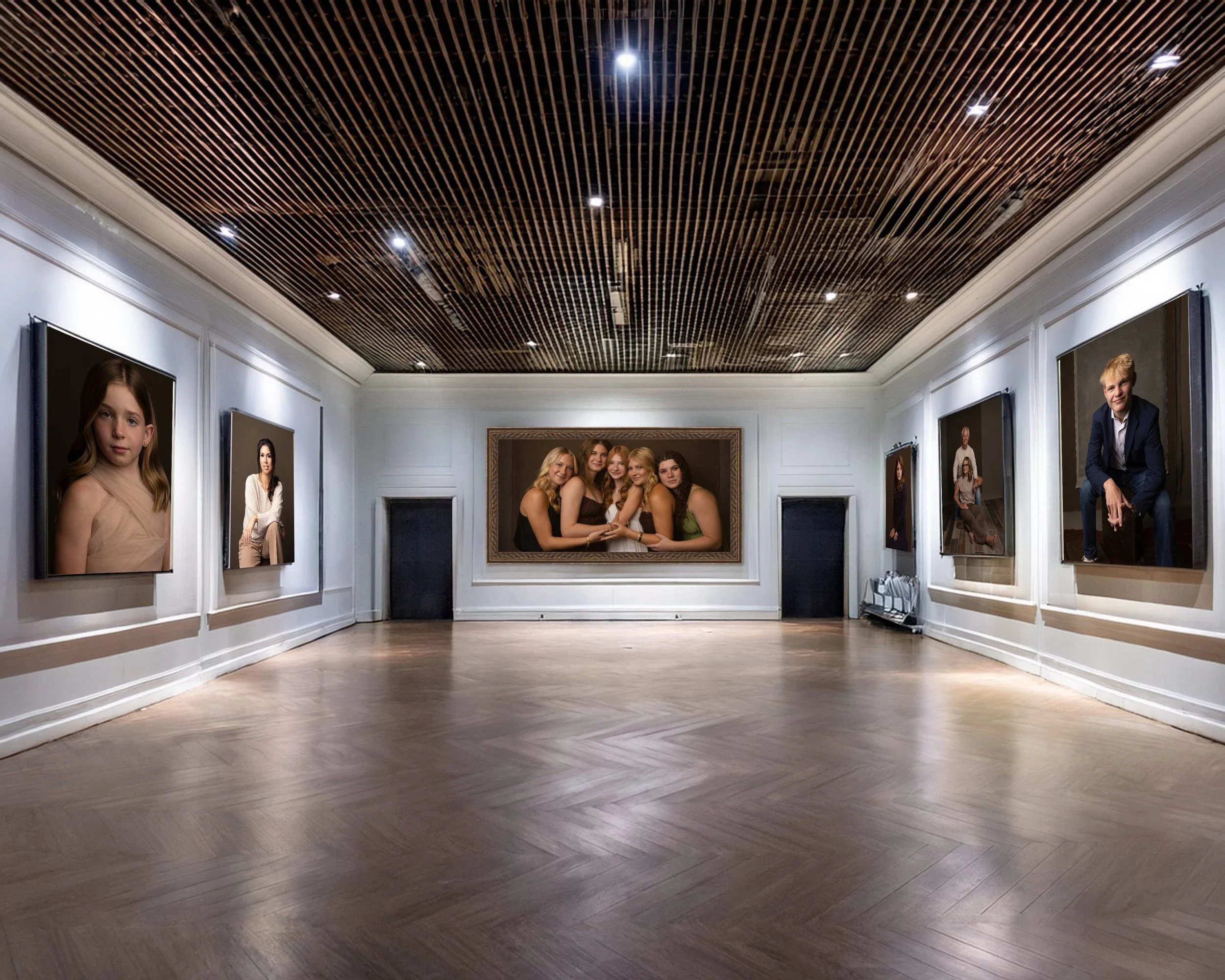 An art gallery with white walls and a wooden ceiling, displaying large portraits of children, teenagers, and young adults. Bentonville AR