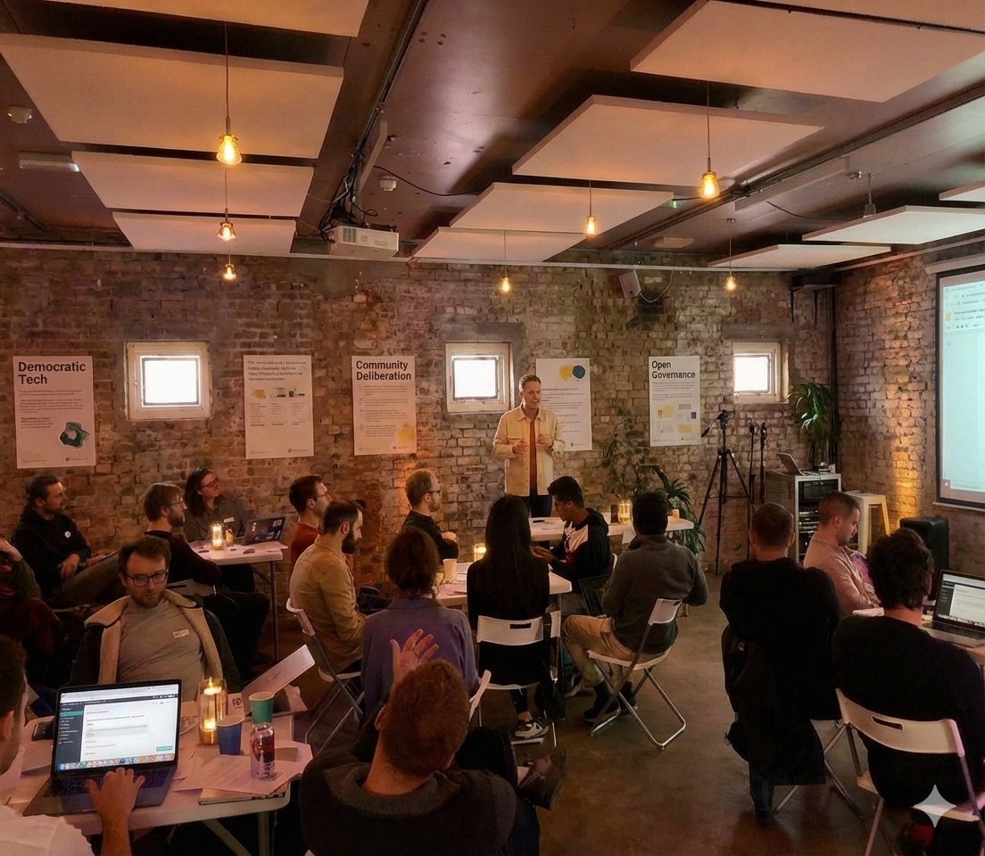 A man is giving a presentation to an audience in a room with exposed brick walls and small windows. The audience is seated at tables, some using laptops. Posters on the wall display topics like Democratic Tech and Community Deliberation. The room has warm lighting and plants near the windows.