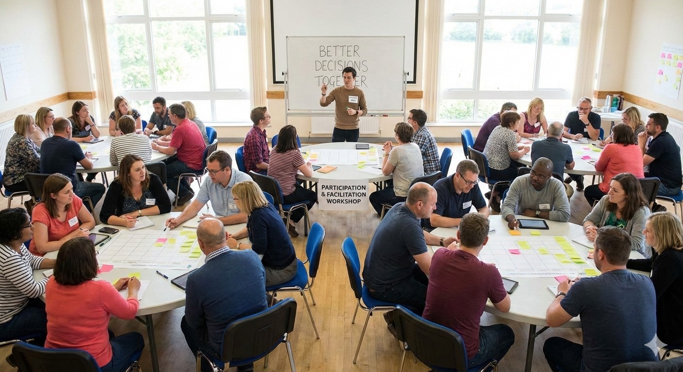 A group of diverse adults participating in a workshop in a bright room with large windows and a whiteboard. Participants sit at round tables and engage in discussions, with some taking notes or using tablets. A facilitator stands at the front leading the workshop, which has a sign that reads 'Participation & Facilitation Workshop' and a whiteboard saying 'Better Decisions Together'.