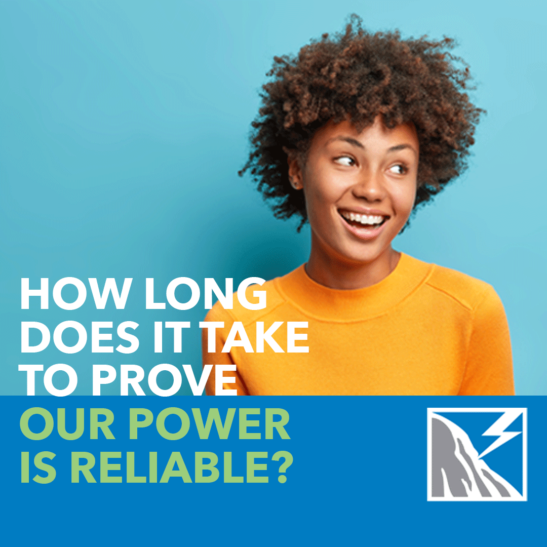 A woman with curly hair smiling wearing an orange shirt against a blue background, with text overlay asking 'How long does it take to prove our power is reliable?' and a logo featuring a mountain and lightning bolt.