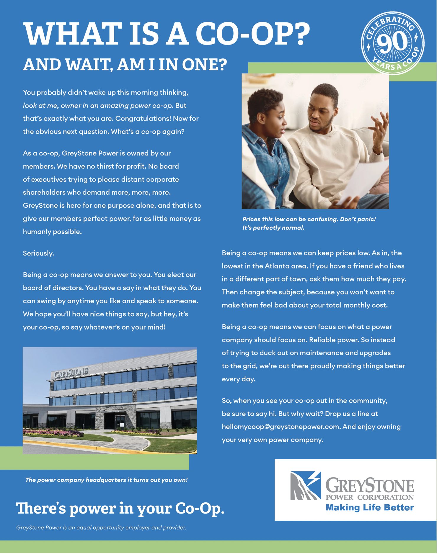 An informational flyer celebrating the 90th anniversary of Greystone Power Cooperative. It features a photo of two people sitting on a couch, a picture of Greystone Power headquarters, and the Greystone Power logo with the slogan "Making Life Better." The flyer explains the purpose and benefits of a power co-op.