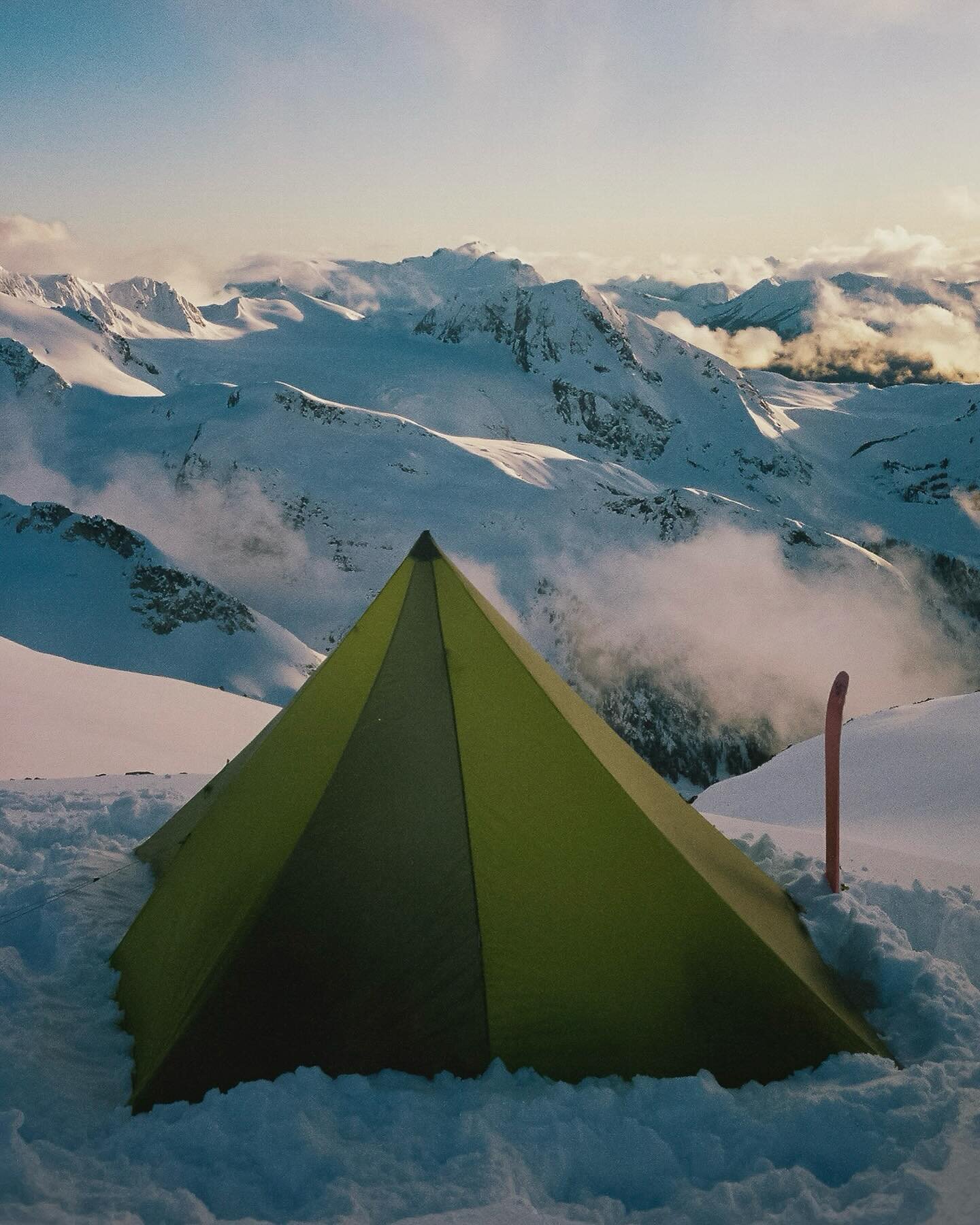 postcards from the spearhead traverse🎿⛺️💅 on #olympusmjuii. there&rsquo;s nothing like the bliss of waking up before the first alpenglow on the peaks, blue hour ebbs to pink, orange, then golden yellow, coffee is brewing on the stove, steam rising 