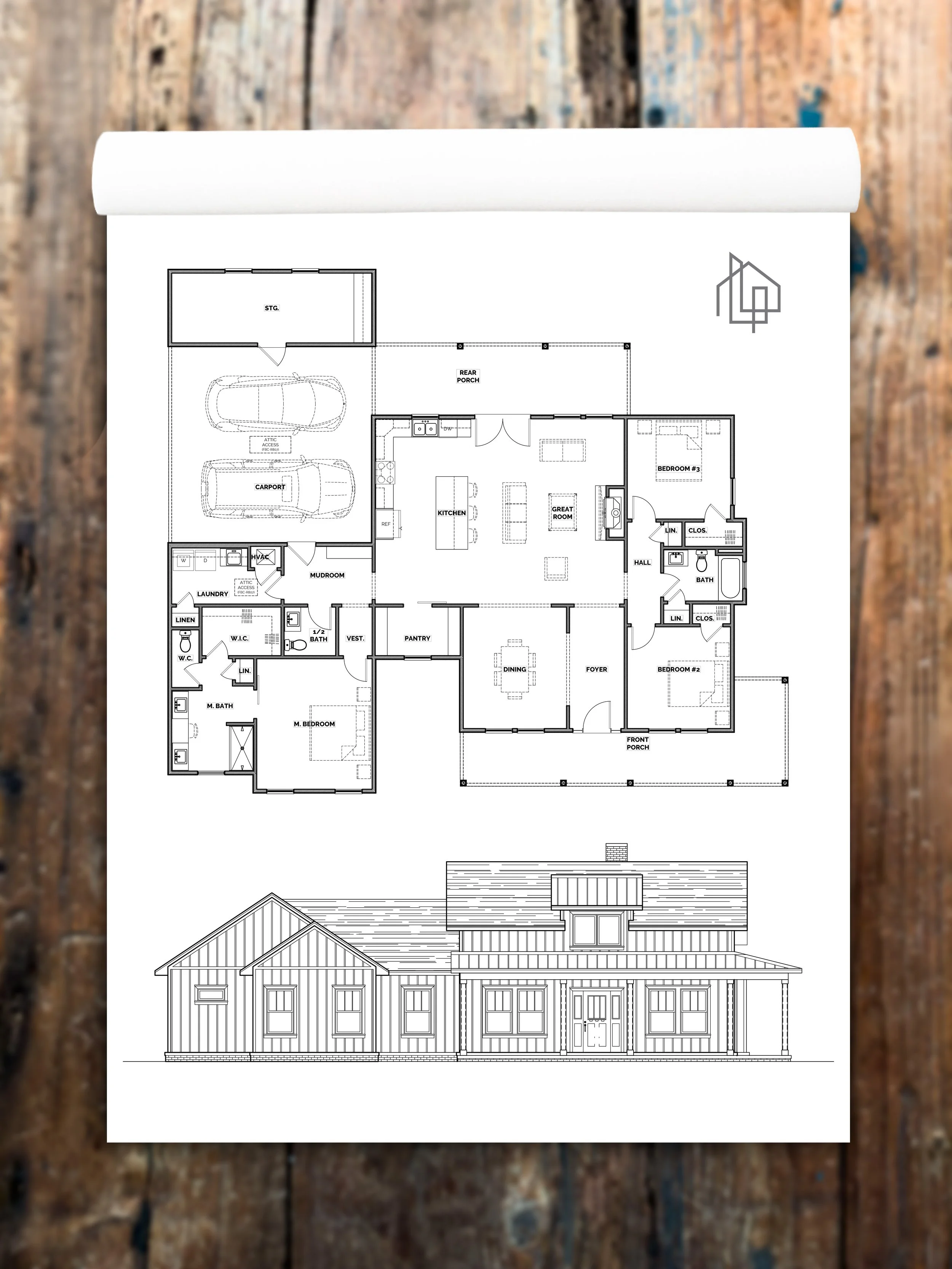 A detailed architectural blueprint of a house showing the floor plan and front elevation.