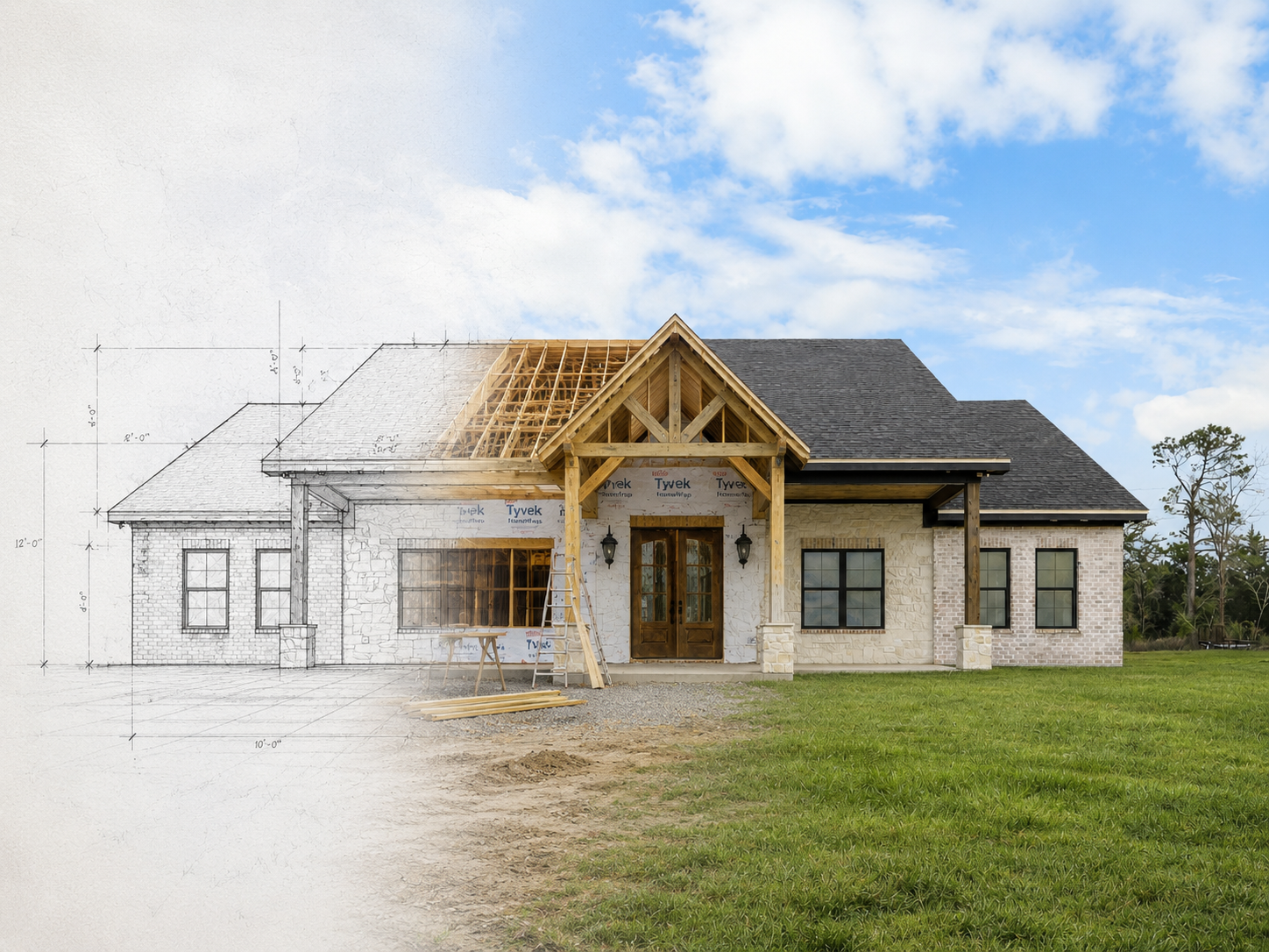 A house under construction with the left side showing a blueprint sketch of the house and the right side showing the completed house with a stone facade, wooden door, black window frames, and a gabled roof. Dream Design Build