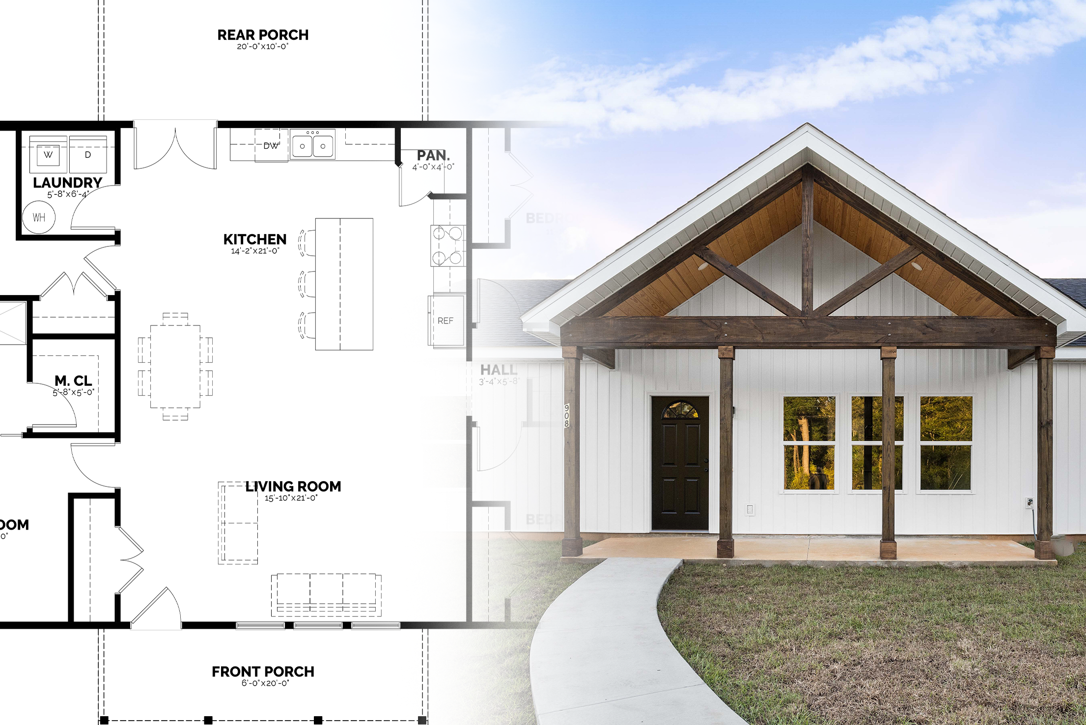 Side view of a house with a front porch, white siding, and a gabled roof with exposed wooden beams underneath.