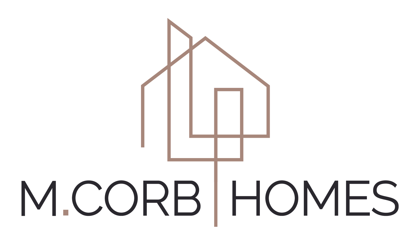 Logo of M. Corb Homes with a minimalist line drawing of a house and trees above the company name.