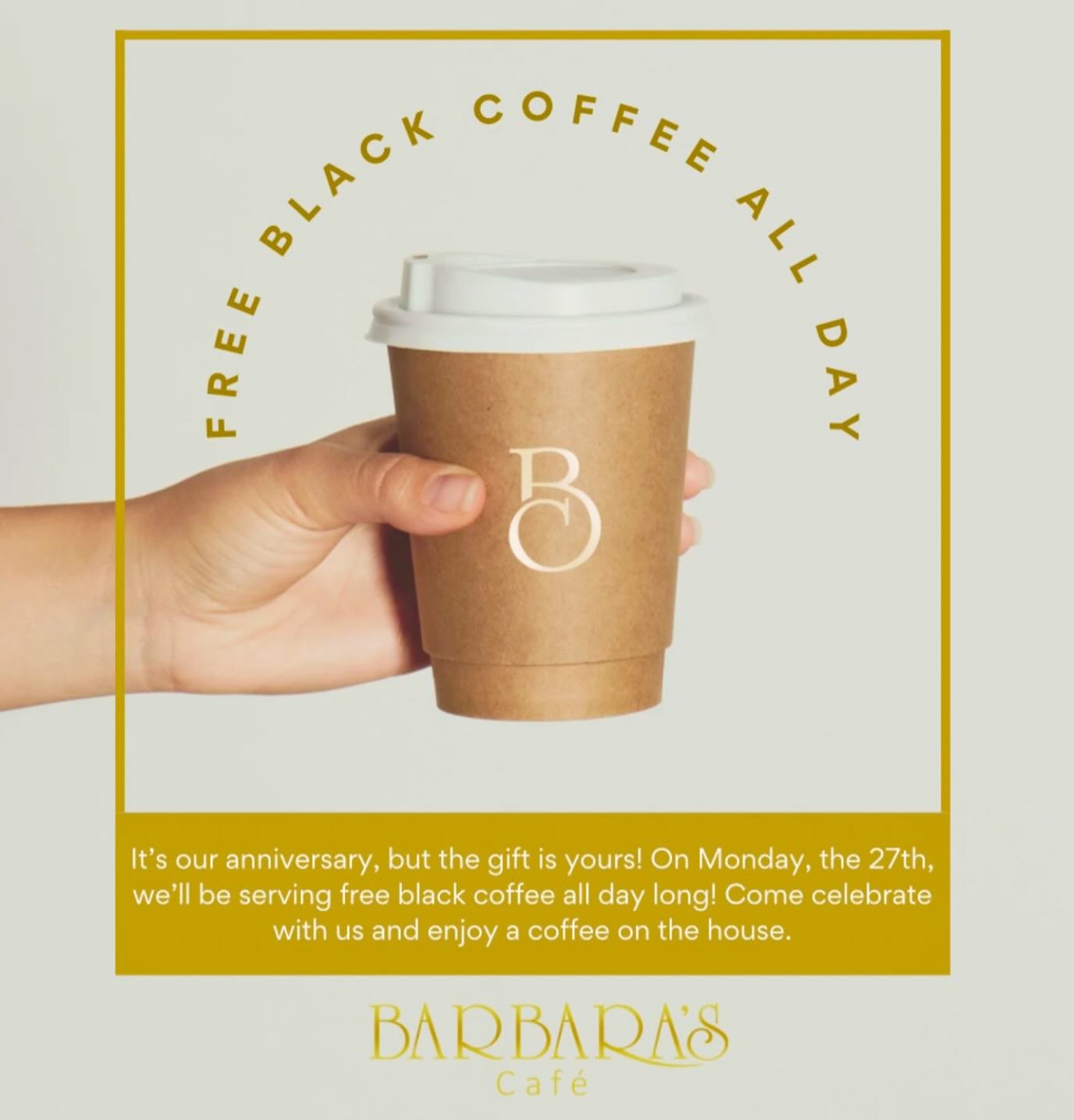 Hoje &eacute; o nosso anivers&aacute;rio e quem ganha o presente &eacute; voc&ecirc;!! Serviremos caf&eacute; gr&aacute;tis durante todo o dia!! Venha celebrar com a gente! 🎈🎂