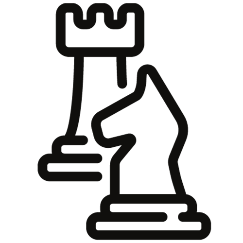 Black and white illustration of a hand holding a castle chess piece.
