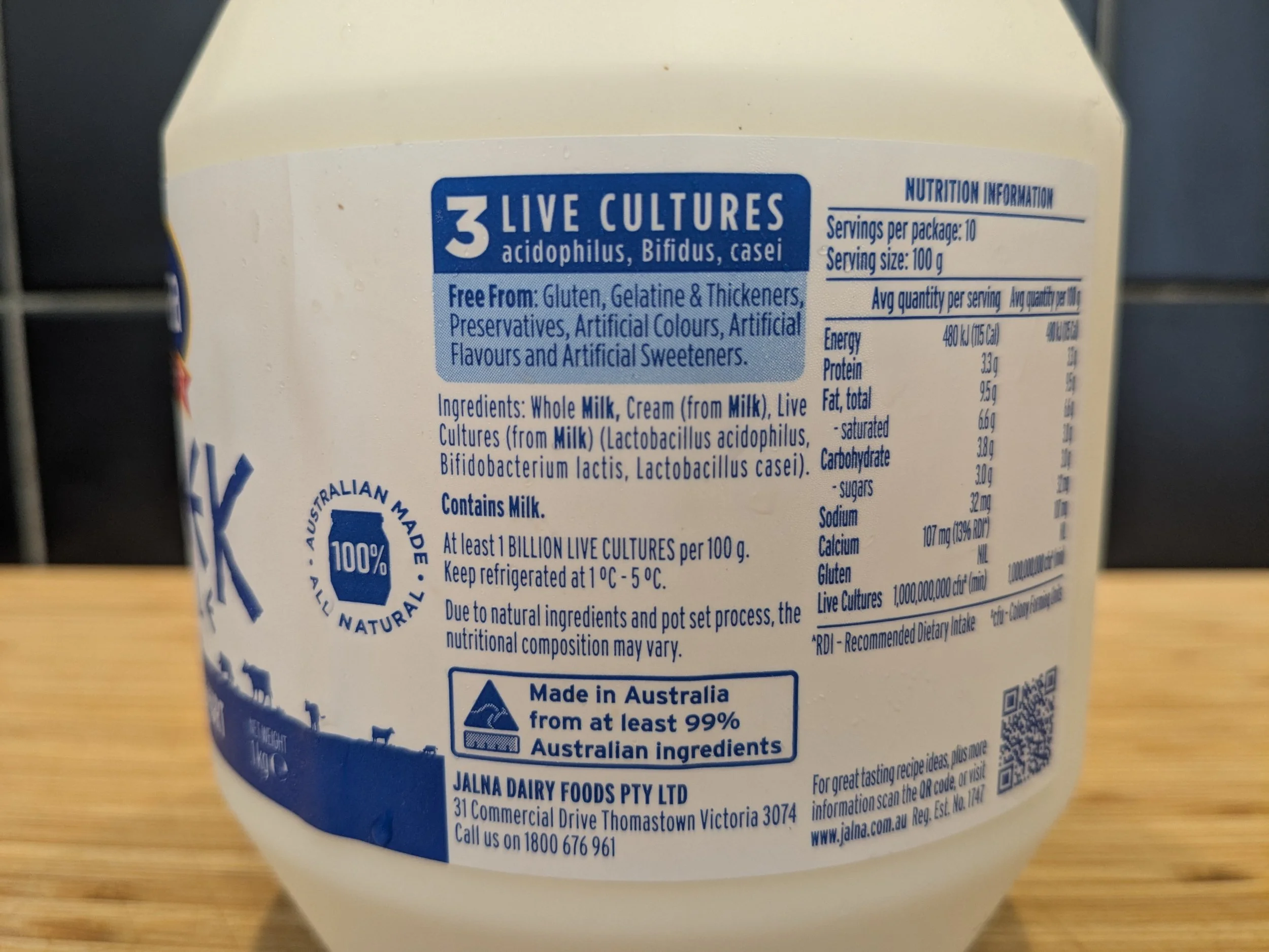 Jalna Greek style yoghurt ingredients