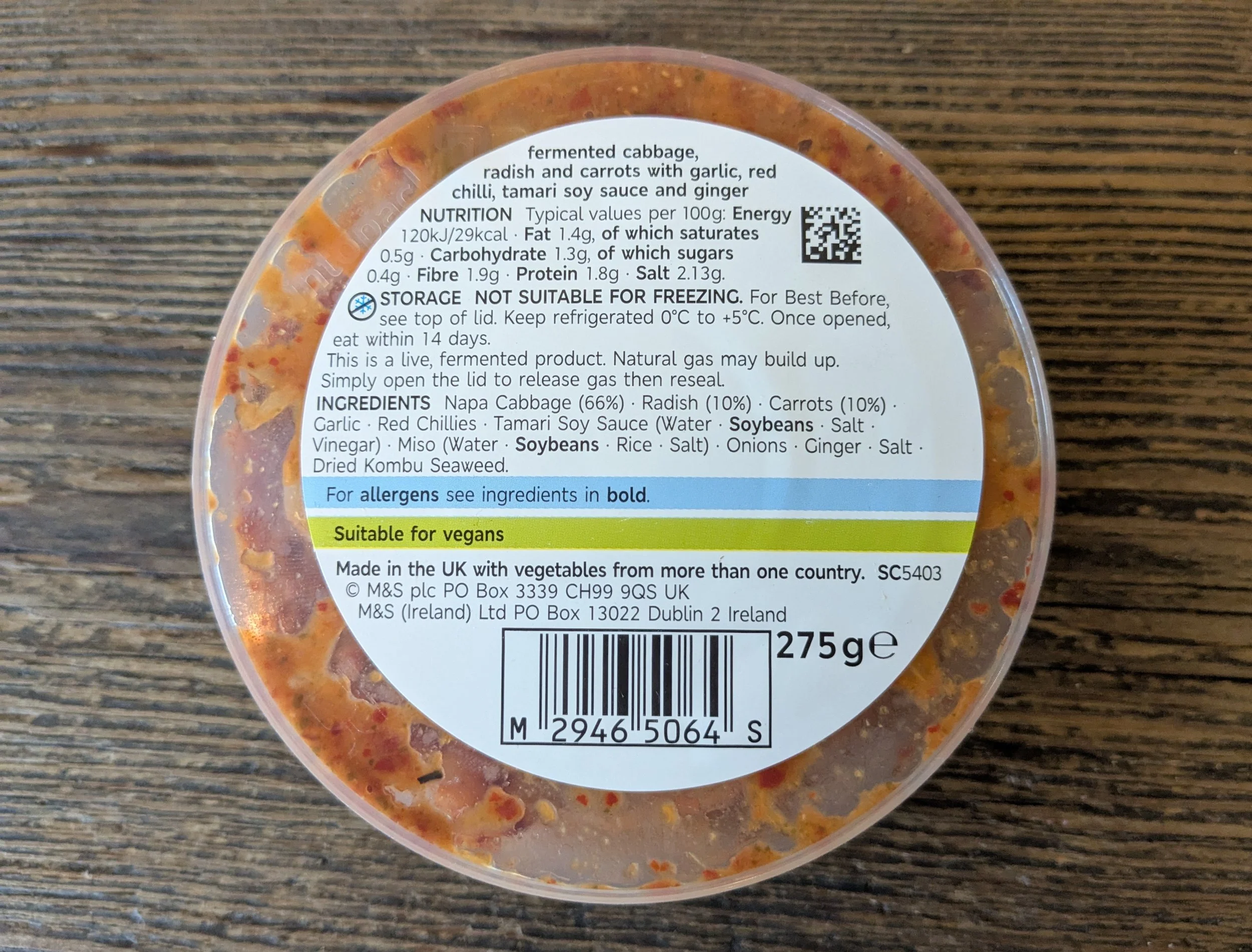 M&S classic kimchi ingredients