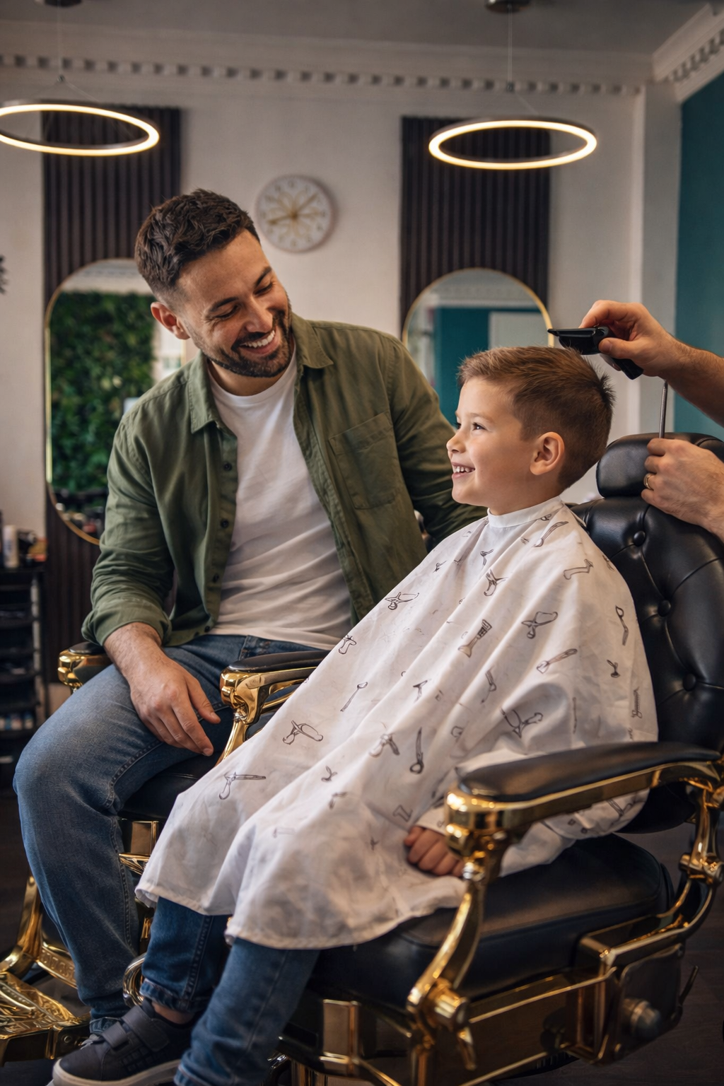A young boy with a haircut in a barbershop chair, smiling at a man sitting beside him, while a barber cuts his hair with clippers. The boy is wearing a barber cape, and the setting is modern and well-lit.