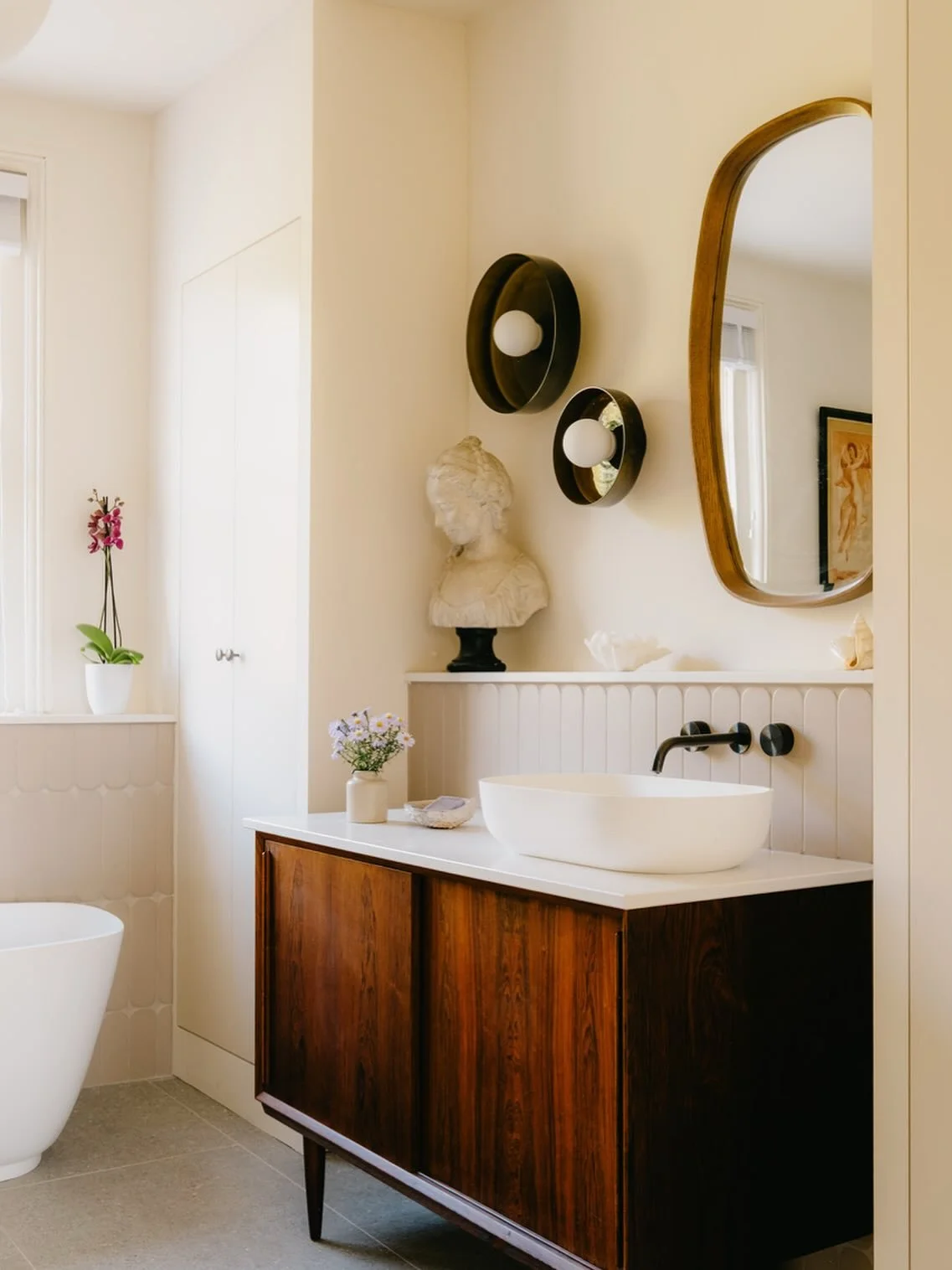 MASTER EN-SUITE • I do love to reuse a lovely piece of vintage furniture as a vanity. This rosewood cabinet was exactly the right shape size and material for this space. 
The rich chocolate veneer sits so well with the mushroom tiles and the so