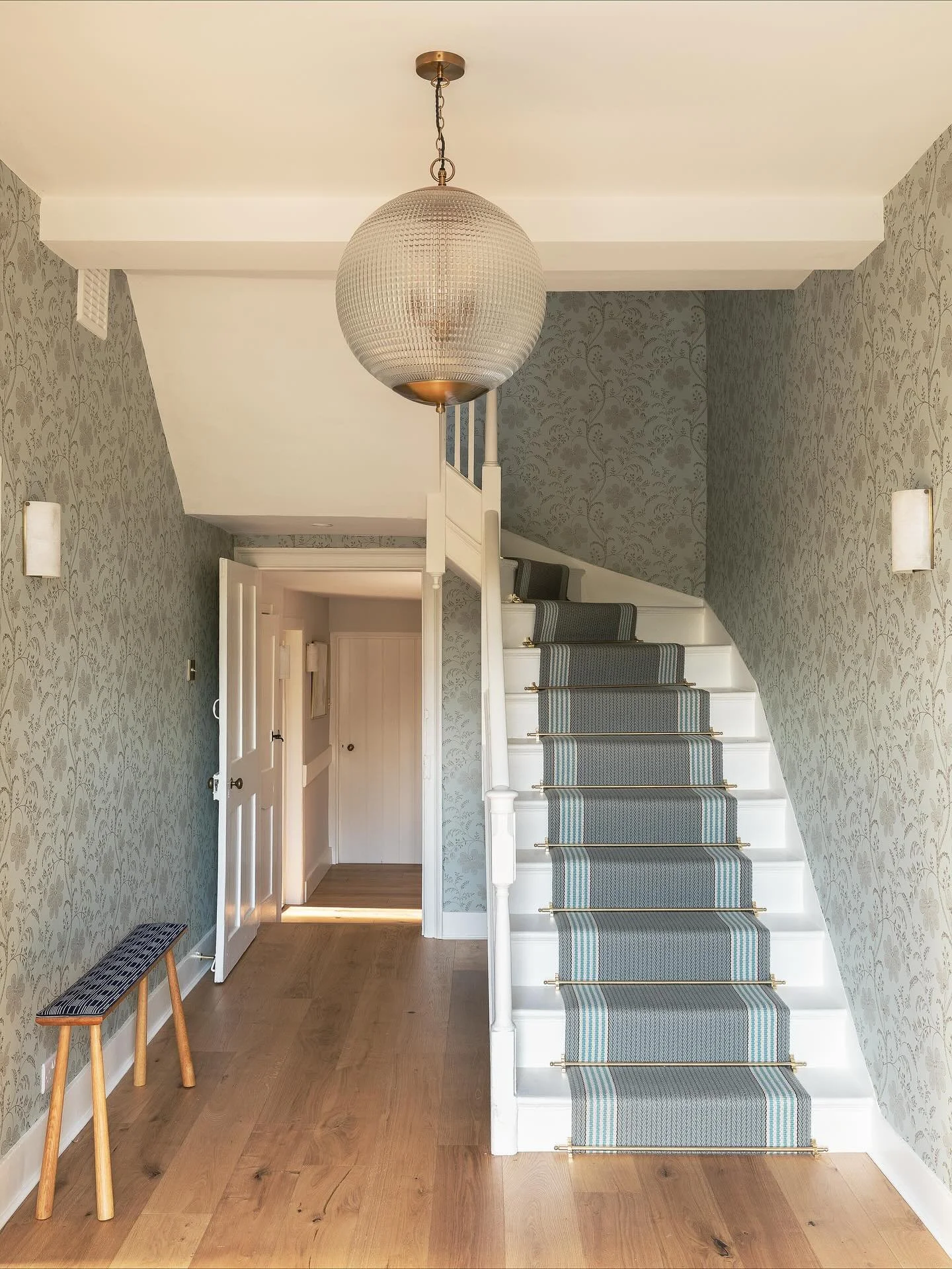 GEORGIAN MANOR HOUSE &bull; This simple elegant space was first designed 4 years ago and never changed&hellip;.. The soft green wallpaper and the runner are still as the initial inspiration board! 

Many of the other rooms went through several change