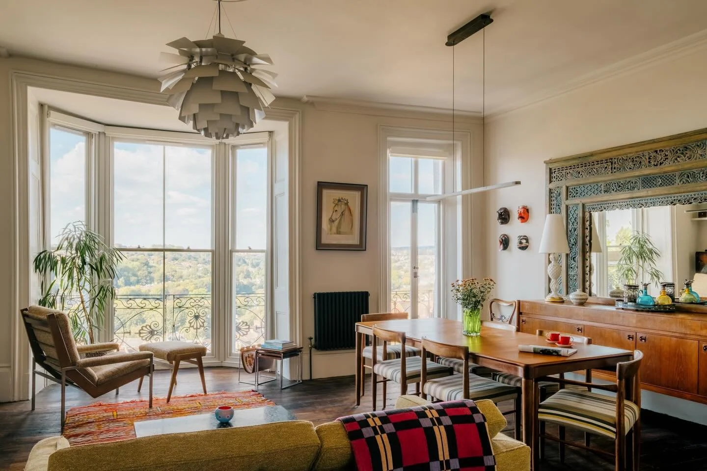 ROOM WITH A VIEW &bull; So - the sky was very beautiful today - clear bright and cold.
This room faces full West and captures the afternoon light in all its glory. 
Making the best of the view with vintage comfort- this is a dining room with a sofa a