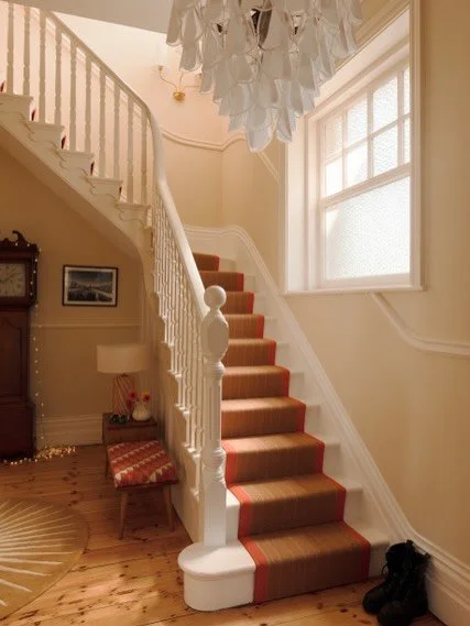 ENTRANCE HALL &bull; This hallway is part of an Edwardian townhouse refurbishment we recently completed in Hastings Old Town. 

Soft biscuit walls with bold stair runner, oversized lighting for a bit of glamour. Vintage telephone table upholstered in