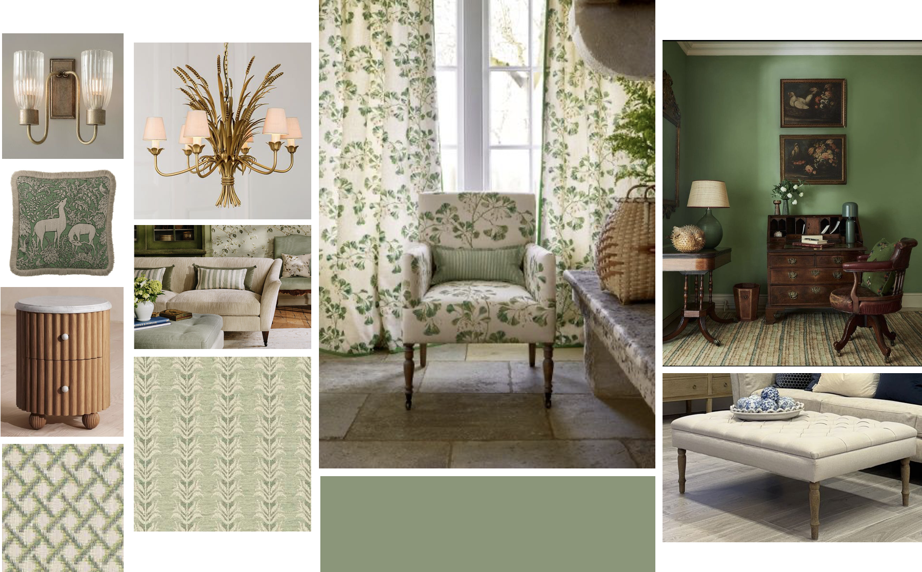 Mood board of natural wood and linen textures, hues of green.